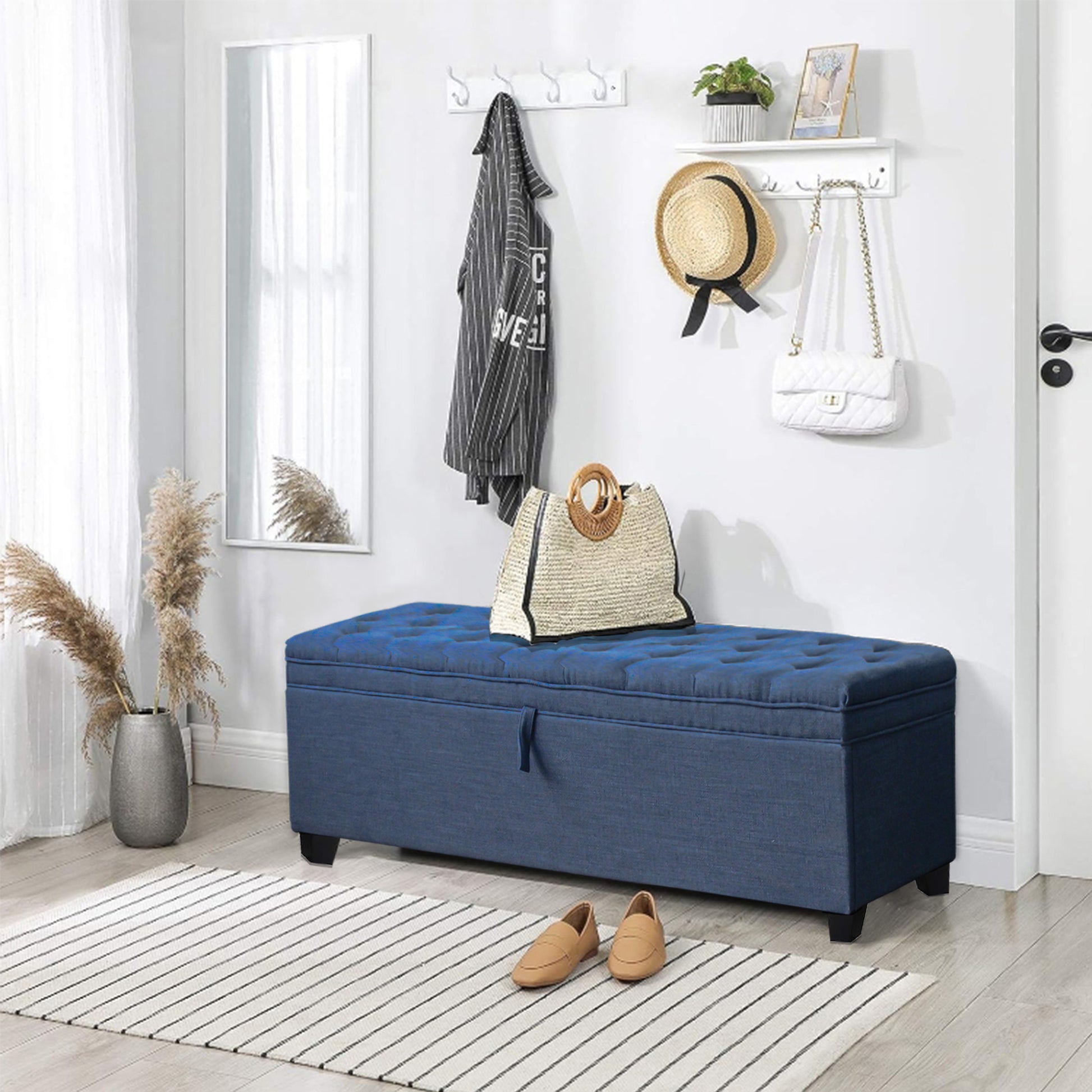 55.3 Inch Extra Long Storage Ottoman Entryway Bench With Flip Top Storage Chest With Padded Seat Bed End Stool For Hallway Living Room Bedroom, Blue Linen Blue Linen Or Linen Blend Blue Linen