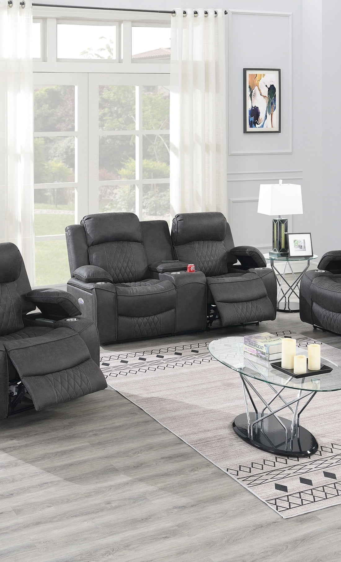 Power Motion Loveseat 1Pc Contemporary Charcoal Gelstorage Arms W Cup Holder Living Room Furniture Charcoal Faux Leather Primary Living Space Cushion Back Contemporary,Modern Pillow Top Arms Metal & Wood 2 Seat