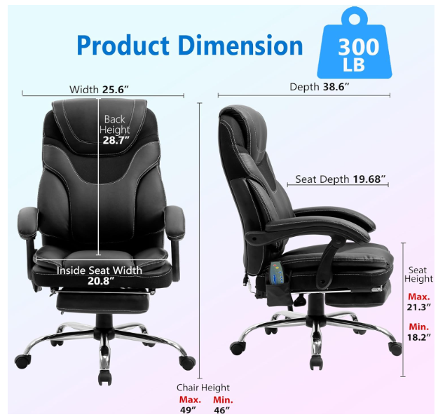 Massage Reclining Office Chair With Footrest, High Back Computer Chair Home Desk Ergonomic Executive Office Chair With Armrests, Adjustable Height. Black Faux Leather