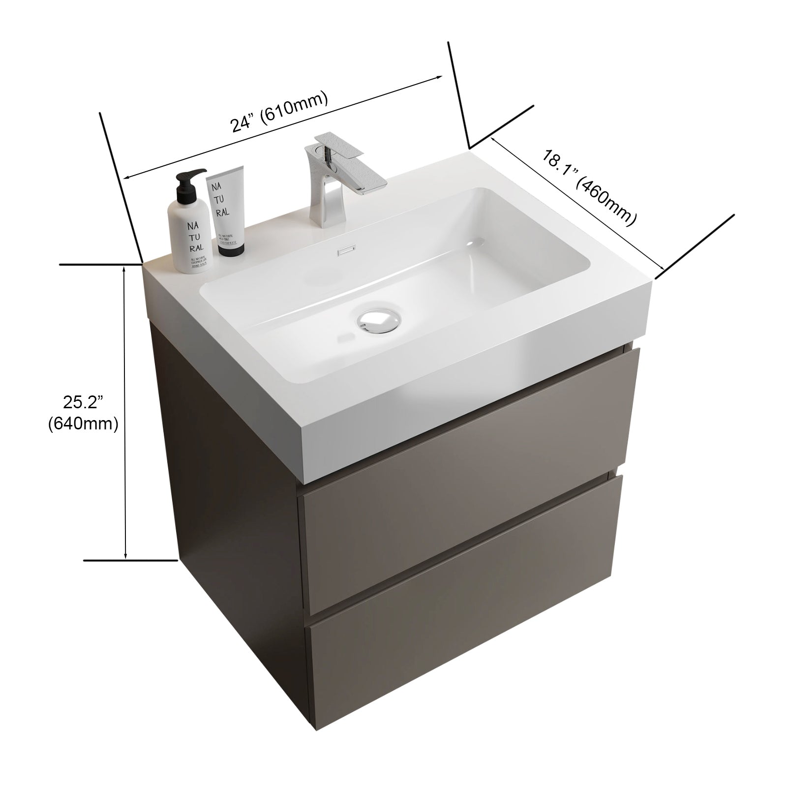 Alice 24" Gray Bathroom Vanity With Sink, Large Storage Wall Mounted Floating Bathroom Vanity For Modern Bathroom, One Piece White Sink Basin Without Drain And Faucet, Pre Assembled Gray Bathroom Modern Particle Board