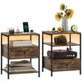 Homcom Set Of 2 End Tables With Charging Stations And Led Lights, 3 Tier Side Tables With Usb Ports And Outlets, Drawer And Shelves For Living Room, Rustic Brown Rustic Brown Particle Board