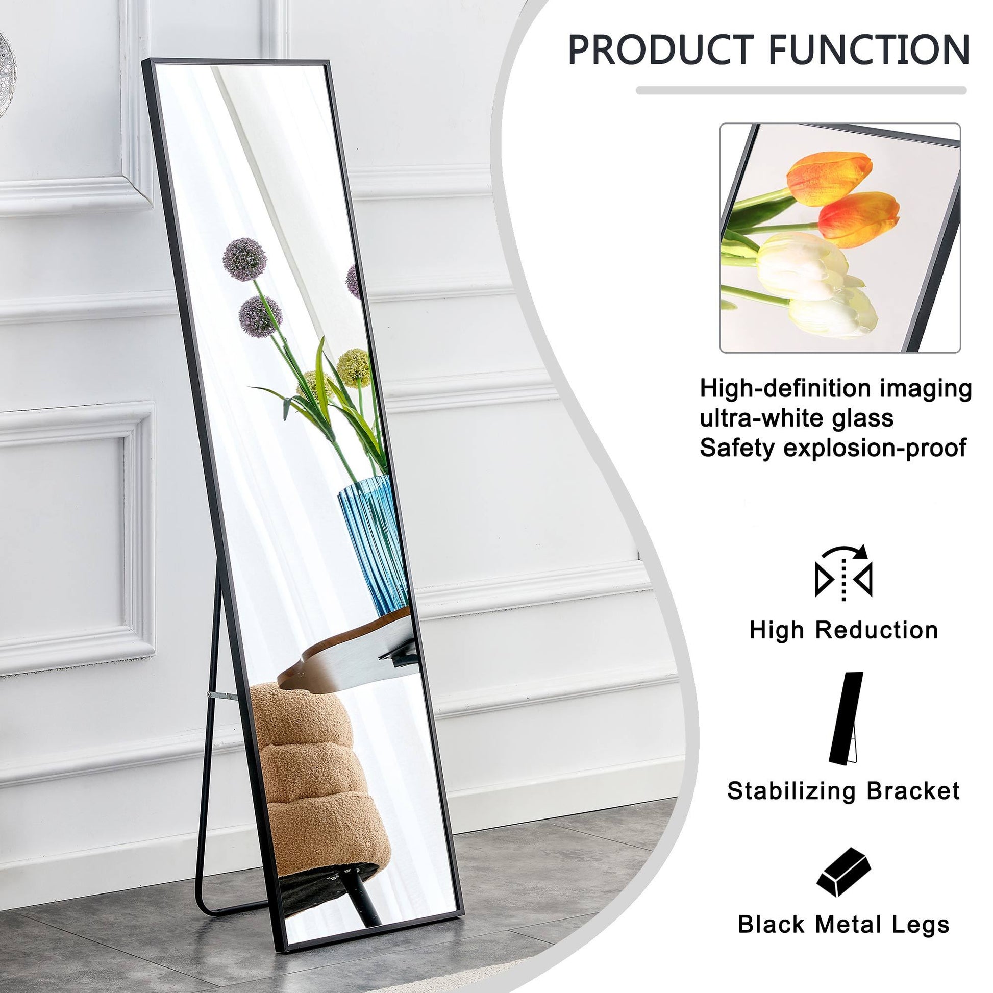 Aluminum Alloy Metal Frame Wall Mounted Full Length Mirror, Bathroom Vanity Mirror, Bedroom Porch, Decorative Mirror, Clothing Store, Floor To Ceiling Mirror, Black 65 * 23" W115158162 Black Glass