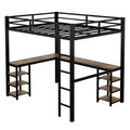 Twin Xl Metal Loft Bed With Desk And Shelves, Loft Bed With Ladder And Guardrails, Loft Bed Frame For Bedroom, Black Twin Xl Black Metal