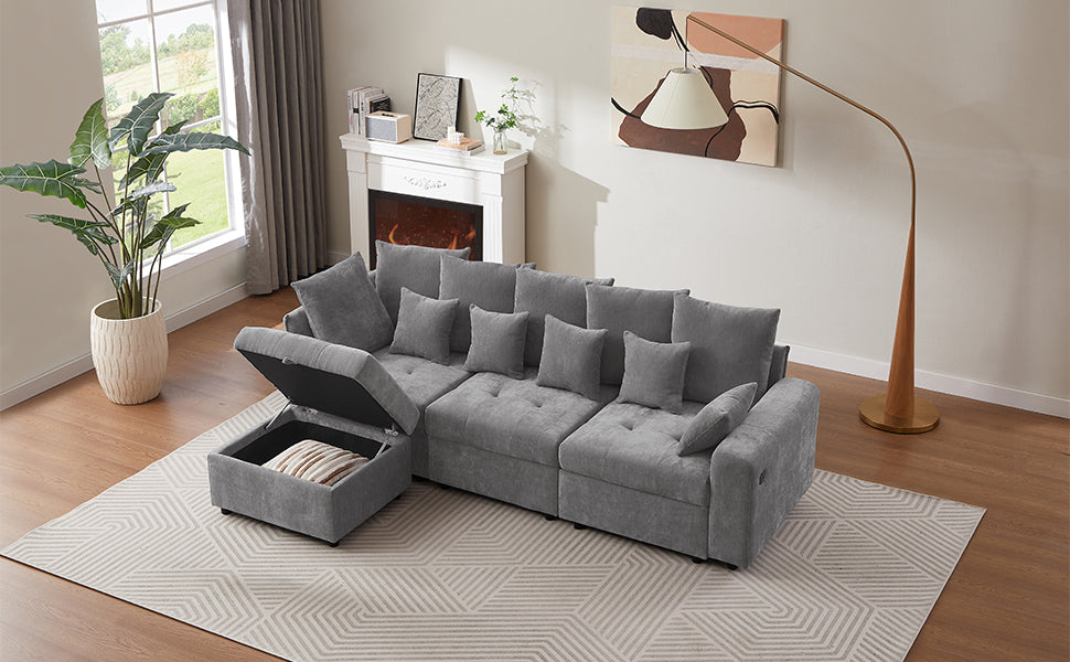 96.45"Sectional Sofa Modular Sofa Couch With Three Usb Ports, A Removable Storage Ottoman And Five Back Pillows For Living Room, Grey Grey Foam Chenille 4 Seat