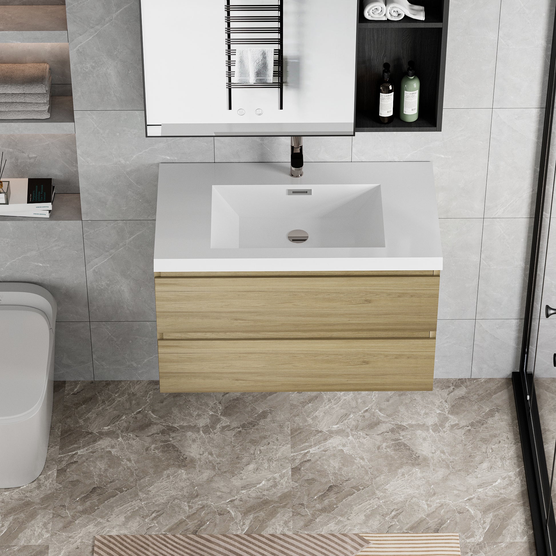 36" Floating Bathroom Vanity With Sink, Modern Wall Mounted Bathroom Storage Vanity Cabinet With Resin Top Basin And Soft Close Drawers, Natural Oak 24V11 36No 2 Oak Bathroom Wall Mounted Mdf