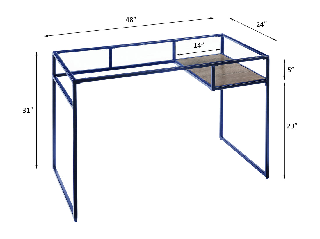 Yasin Glass Top & Blue Finish Writing Desk Blue Metal,Synthetic Wood