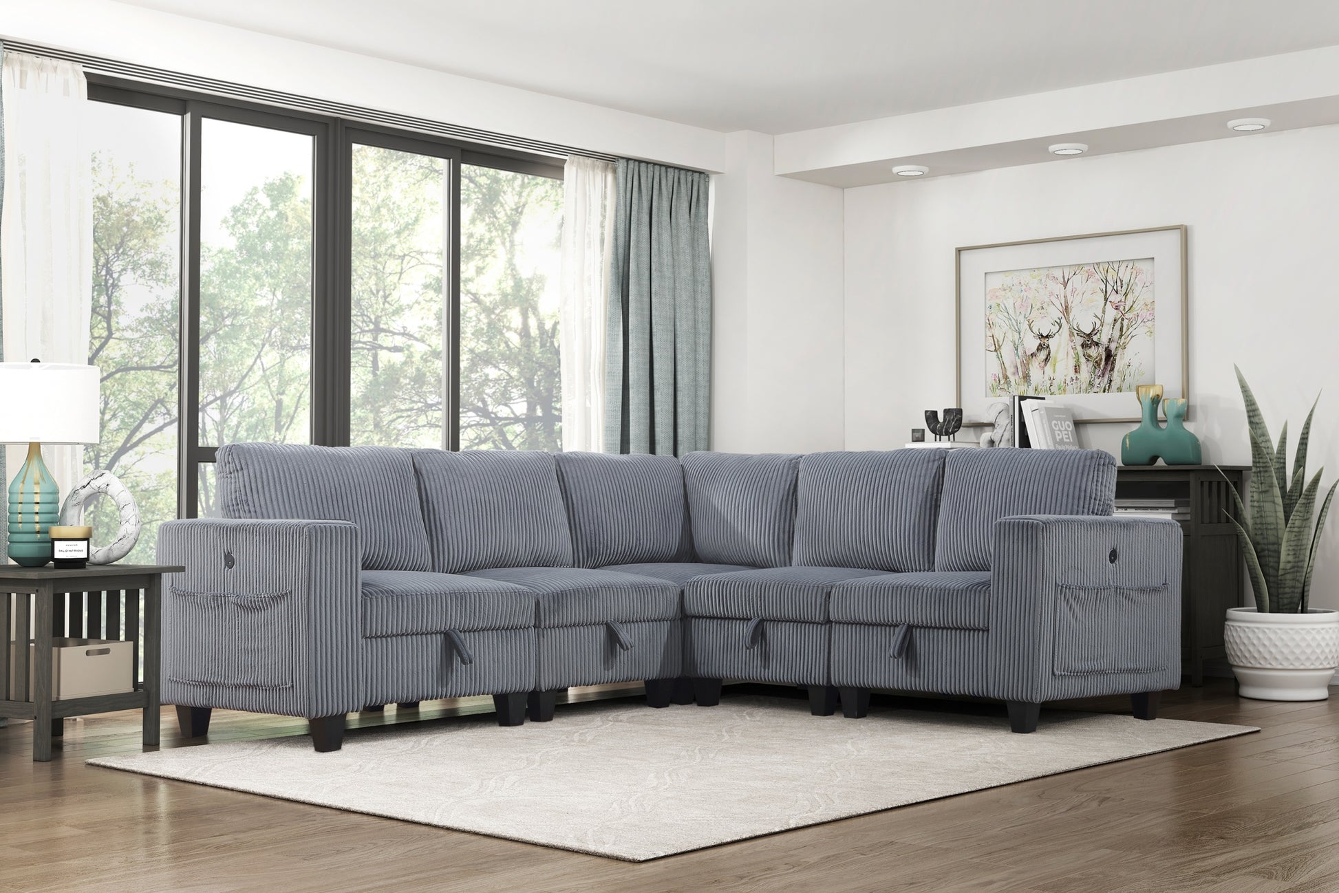 5 Piece Modular Sectional With Storage Seats, Side Pockets, Charging Ports Dark Gray Corduroy Fabric Modern Living Room Sectional Couch Solid Wood Furniture Dark Gray Polyester Wood Primary Living Space Modern Solid Wood 5 Seat