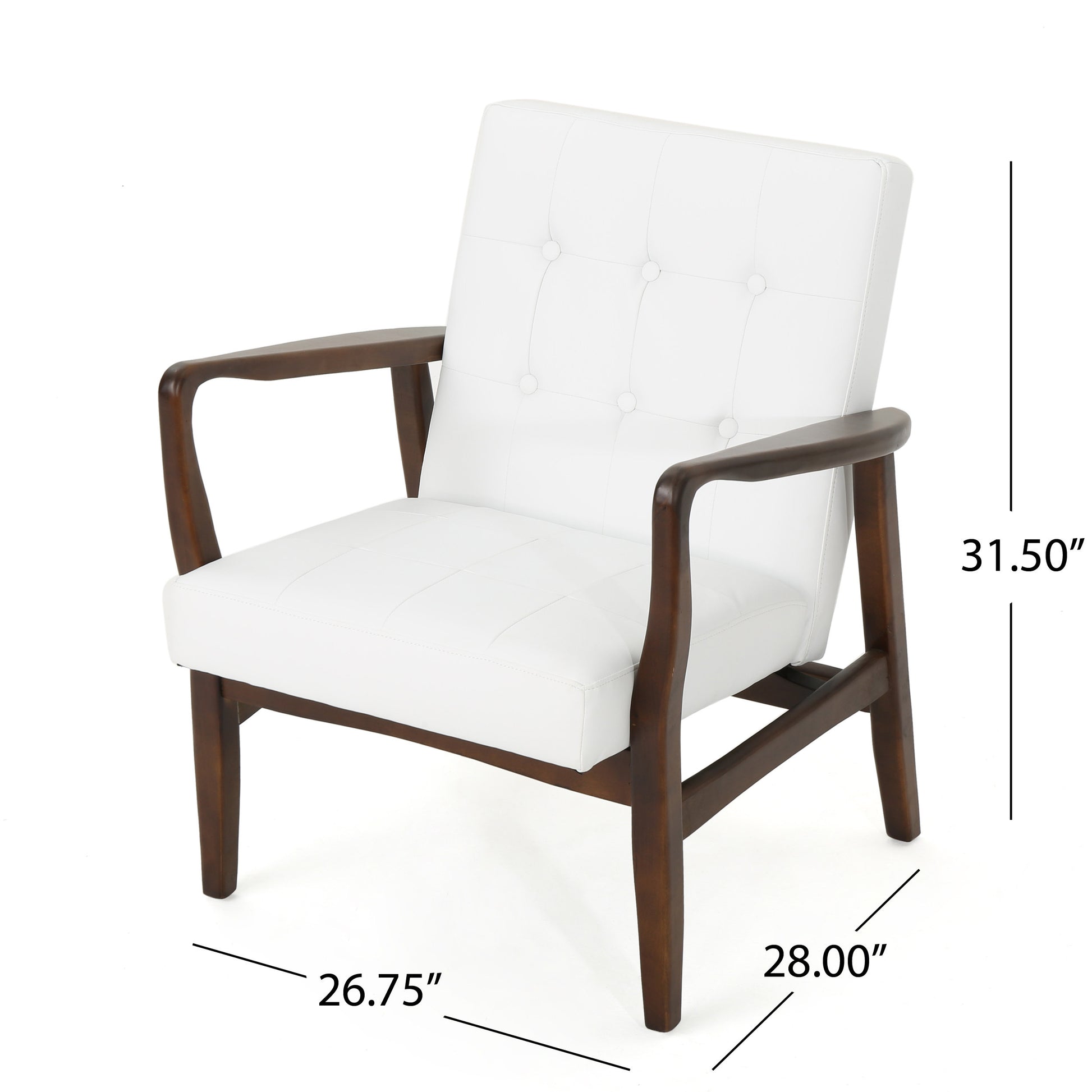 Mid Century Modern Faux Leather Club Chair With Wood Frame, White And Dark Espresso White Pu