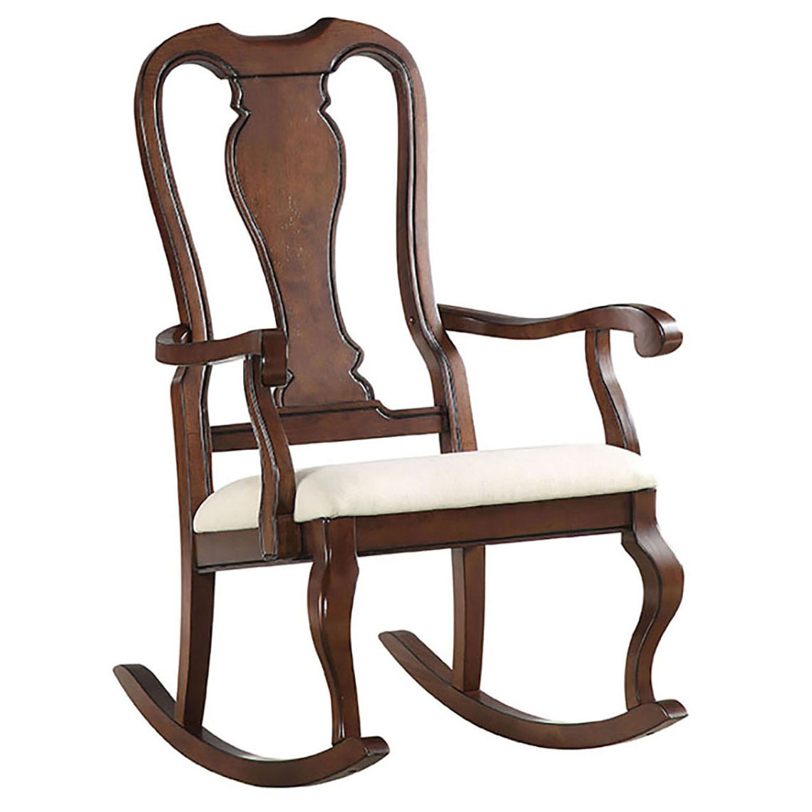 Beige And Cherry Queen Anne Back Rocking Chair Solid Beige Primary Living Space Foam Rocking Chairs Rubberwood Solid Back Wood Fabric