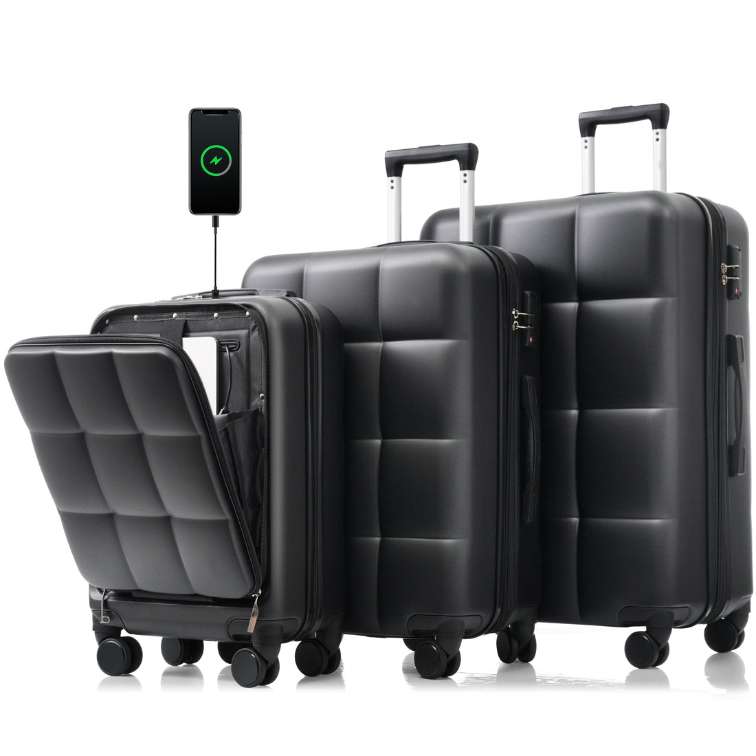 Luggage Sets 3 Piece, 20 Inch With Usb Port And Front Opening Design, Abs Hard Shell Luggage With Spinner Wheels, Cup Holder, Black And Brown Black Brown Abs