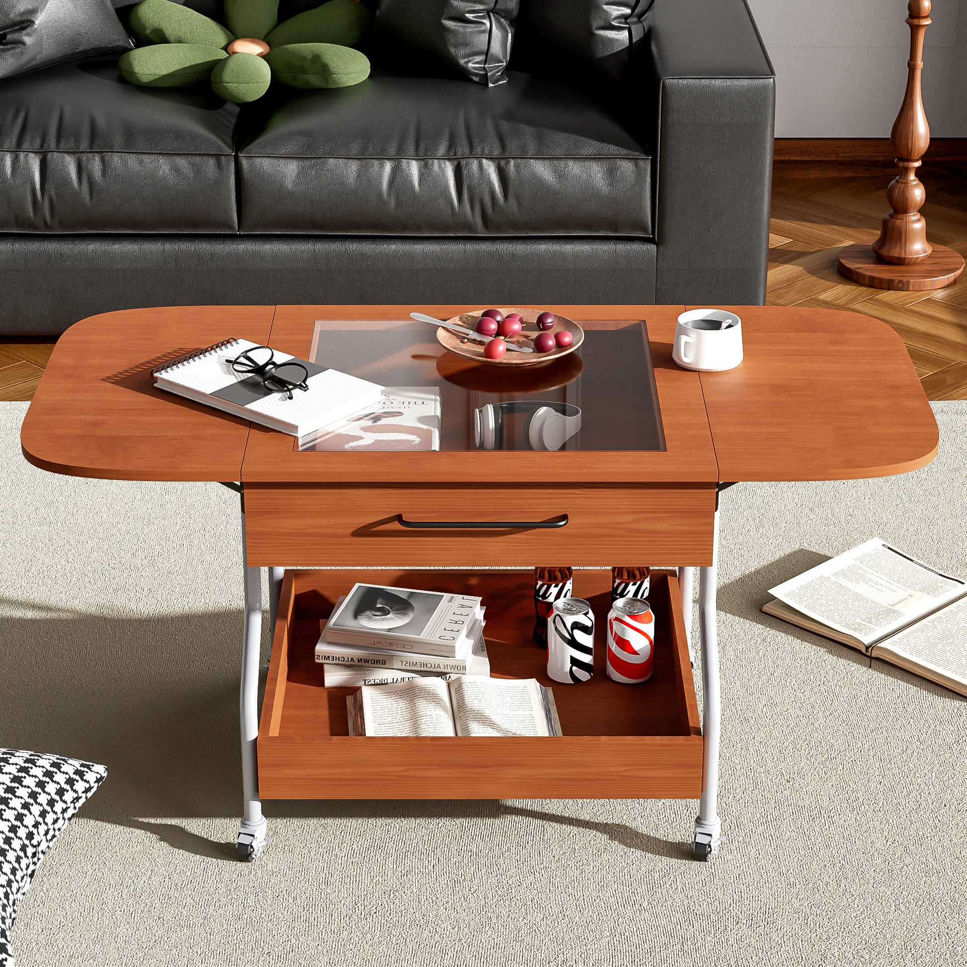 Modern Extended Coffee Table With Wheels, Folding Coffee Table With 1 Drawer And 2 Tier Storage, Metal Frame Coffee Table For Living Room Mahogany Glass,Mdf Metal