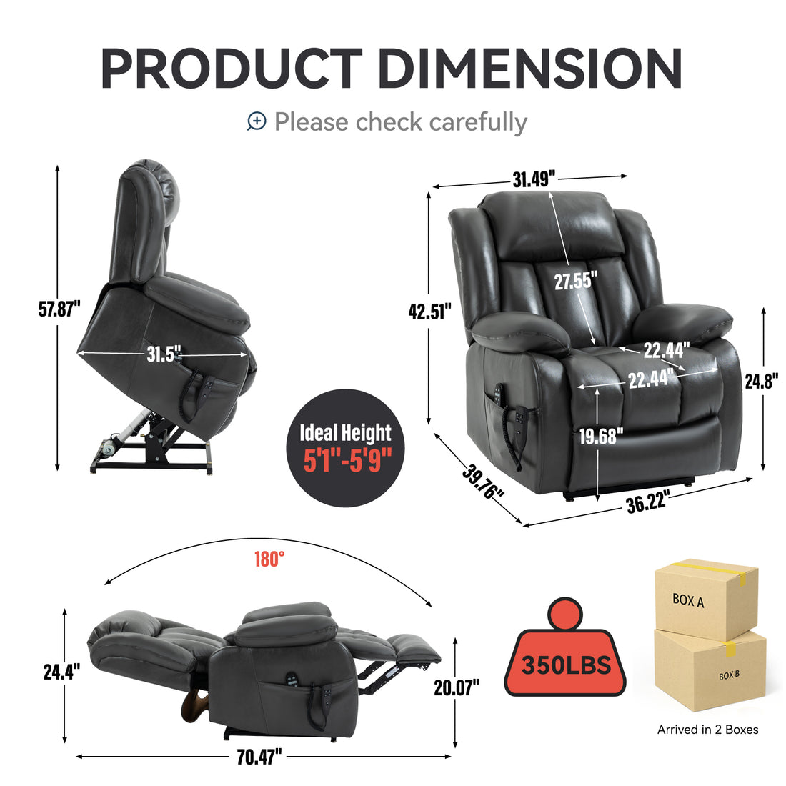 Dual Motor Infinite Position Up To 350 Lbs Electric Medium Size Grey Power Lift Recliner Chair With 8 Point Vibration Massage And Lumbar Heating White Metal Primary Living Space Heavy Duty Pine Antique Gray Faux Leather Power Remote Medium Firm Pillow