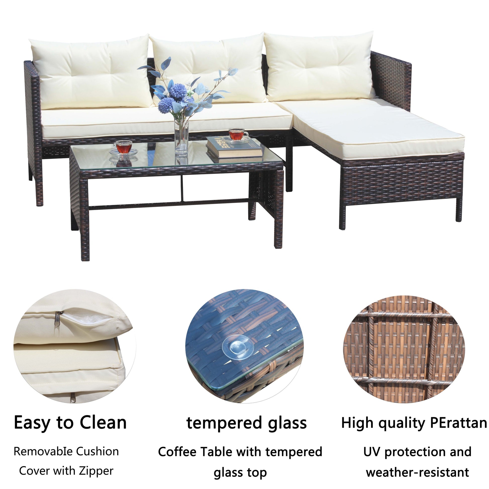Outdoor Patio Furniture Sets 4 Piece Conversation Set Wicker Ratten Sectional Sofa With Seat Cushions Beige Cushion Brown Pe Rattan Iron