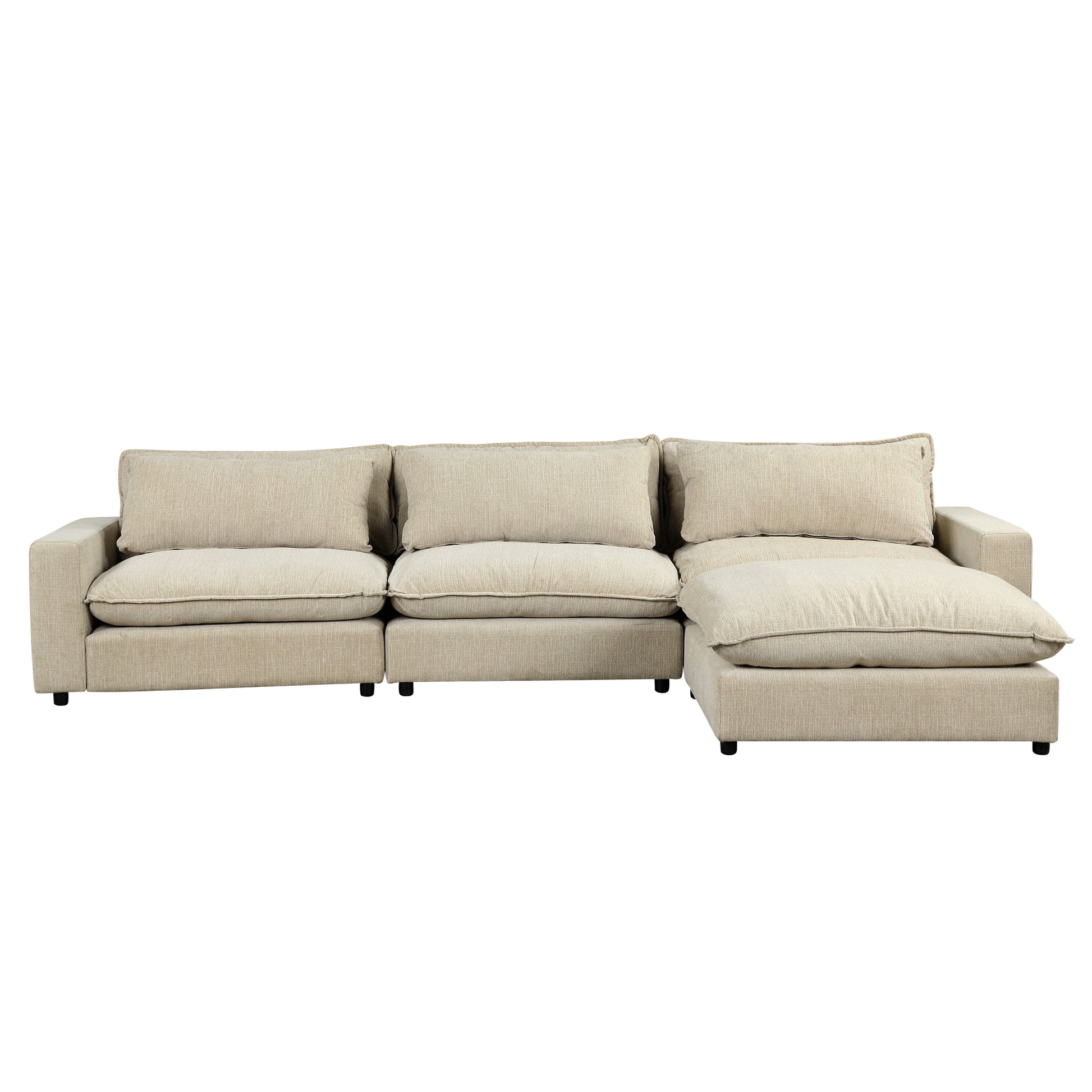 128" Sectional Sofa Cloud Sofa Chenille Upholstered Sofa Couch With Movable Ottoman, Comfortable Seat Cushions, Charging Ports And Three Back Pillows For Living Room, Beige Beige Foam Chenille 4 Seat