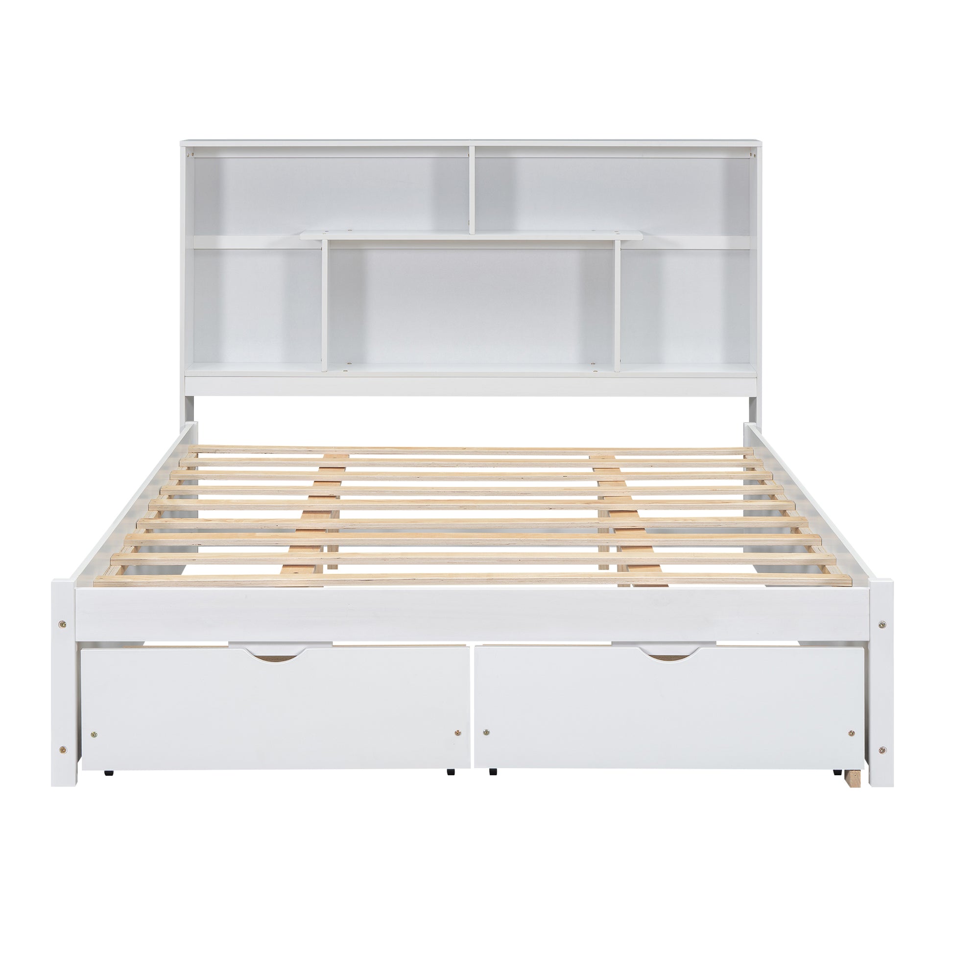 Queen Size Platform Bed With Storage Headboard And 2 Drawers, White Box Spring Not Required Queen White Wood Bedroom Bed Frame Solid Wood Mdf