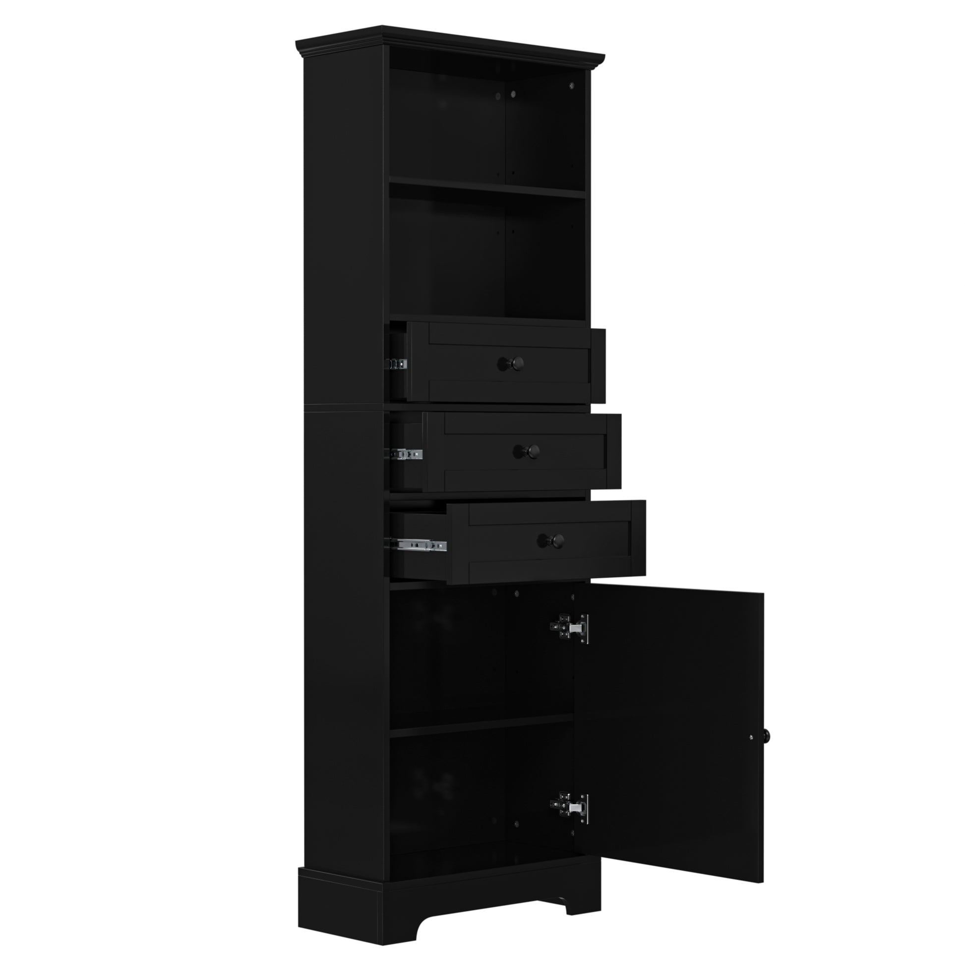 Black Tall Storage Cabinet With 3 Drawers And Adjustable Shelves For Bathroom, Study, Office And Interior, Mdf Board With Painted Finish Black Mdf