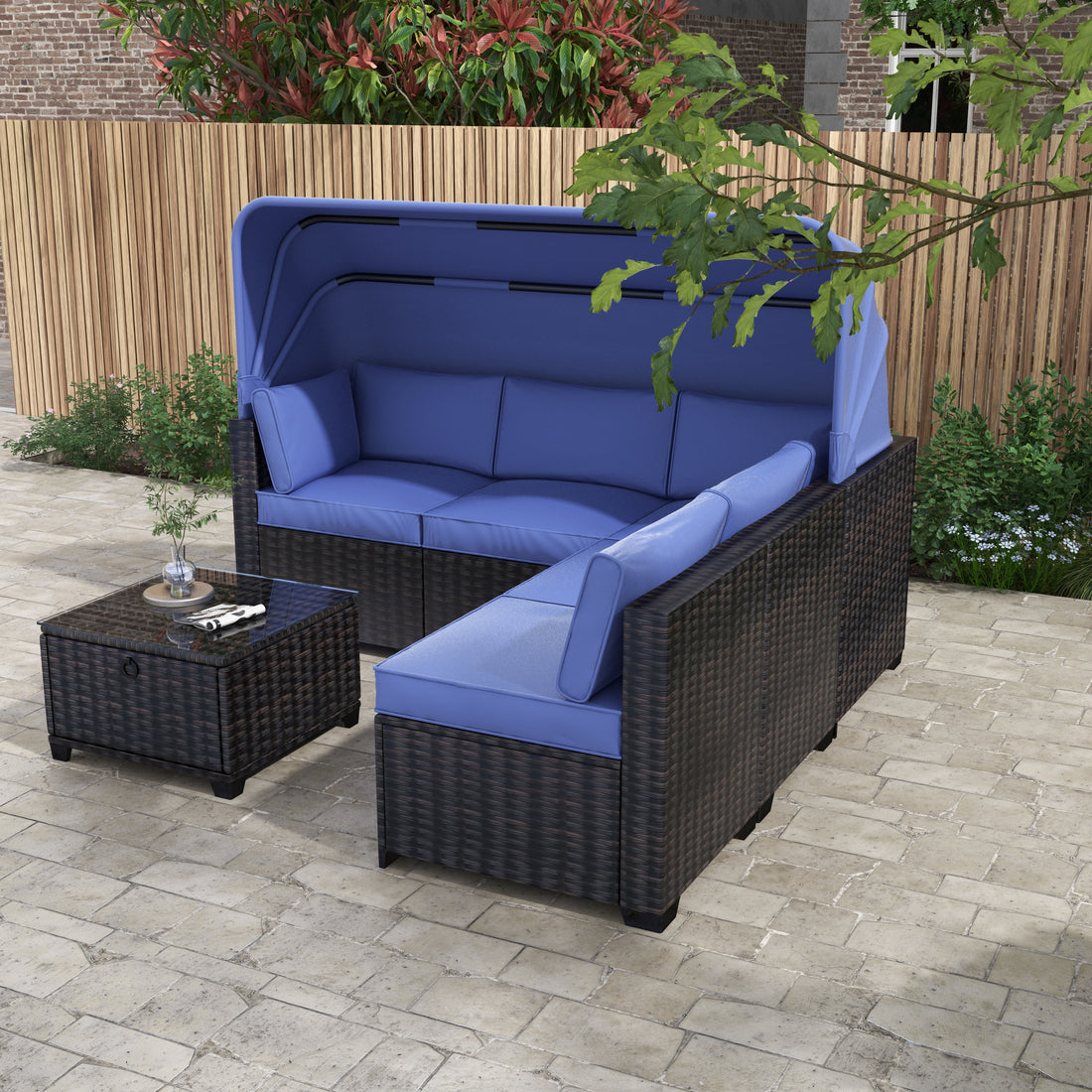 Outdoor Daybed With Canopy, Convertible Patio Sofa Set With Lifting Table, Uv Proof Wicker Conversation Furniture With Ottoman, 1A Yes Complete Patio Set Antique Blue Seats 6 Water Resistant Cushion Garden & Outdoor Rustic,Tropical Complete Patio Sets