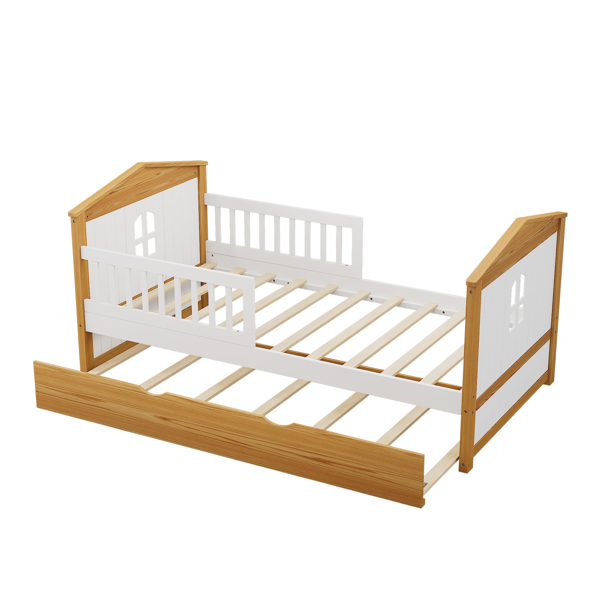 Twin Size House Shape Bed With Trundle Wooden Bed For Girls Boys Teens, No Box Spring Needed, Walnut And White Box Spring Not Required Twin White Walnut Wood Bedroom Cute Pine Bed Frame Wood