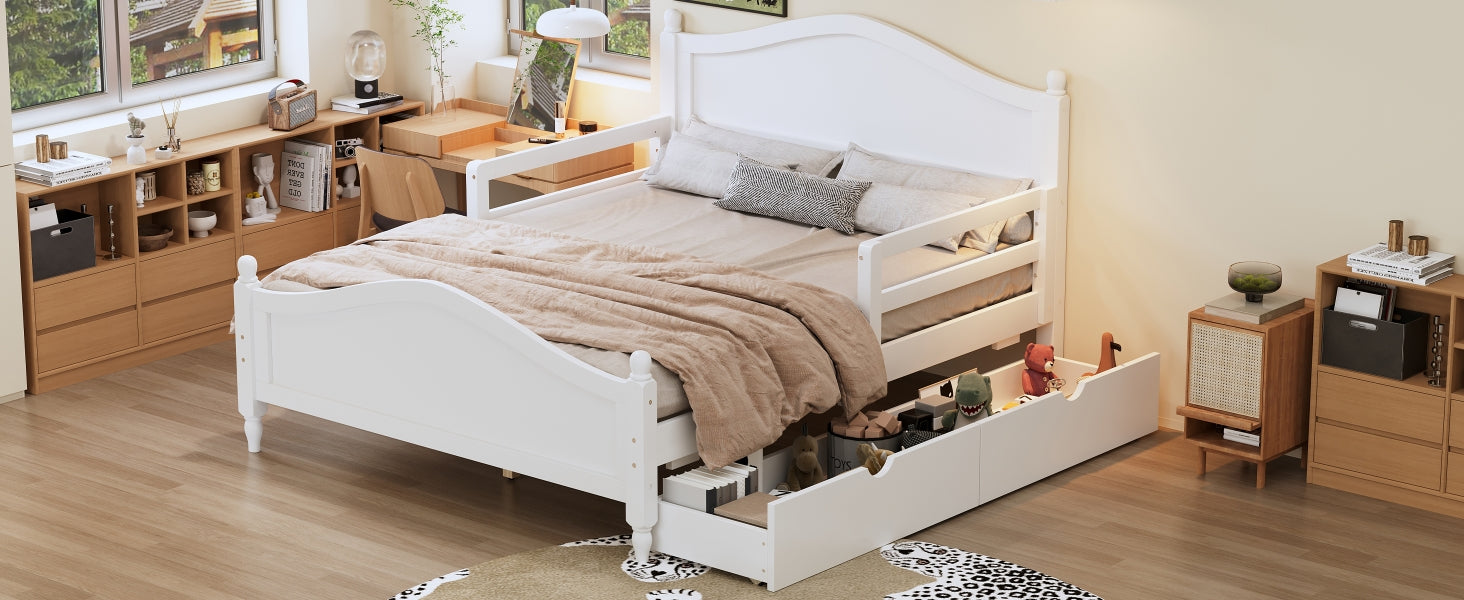 Full Size Wood Platform Bed With Guardrails On Both Sides And Two Storage Drawers ,White Full White Wood