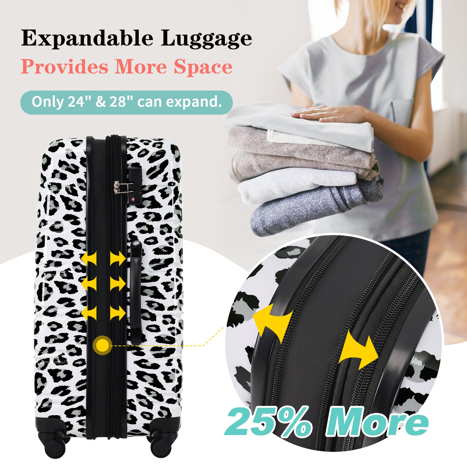 Hardshell Luggage Sets 3 Pcs Spinner Suitcase With Tsa Lock Lightweight 20" 24" 28" Luggages White Black Leopard Pc