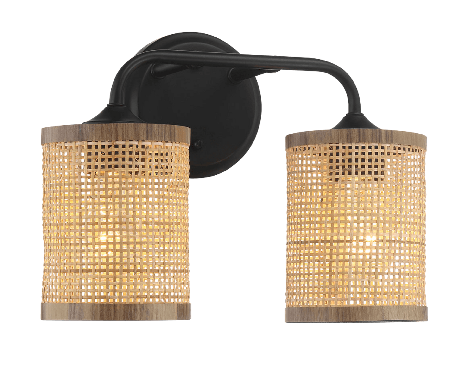 Quell Double Light Vanity With Natural Rattan Shade Wall Lamp Black,Rattan Metal,Rattan