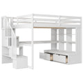 Full Size Loft Bed With Desk And Shelves, Two Built In Drawers, Storage Staircase, White Full White Plywood,Solid Wood Mdf