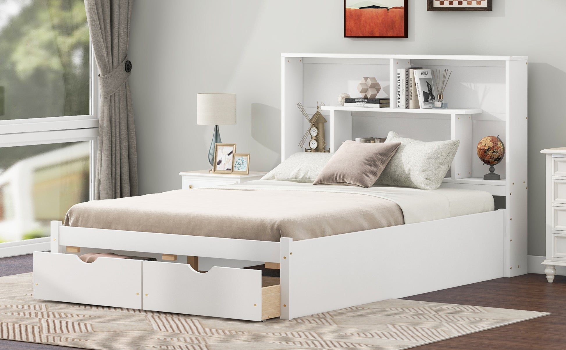 Full Size Platform Bed With Storage Headboard And 2 Drawers, White Box Spring Not Required Full White Wood Bedroom Bed Frame Solid Wood Mdf