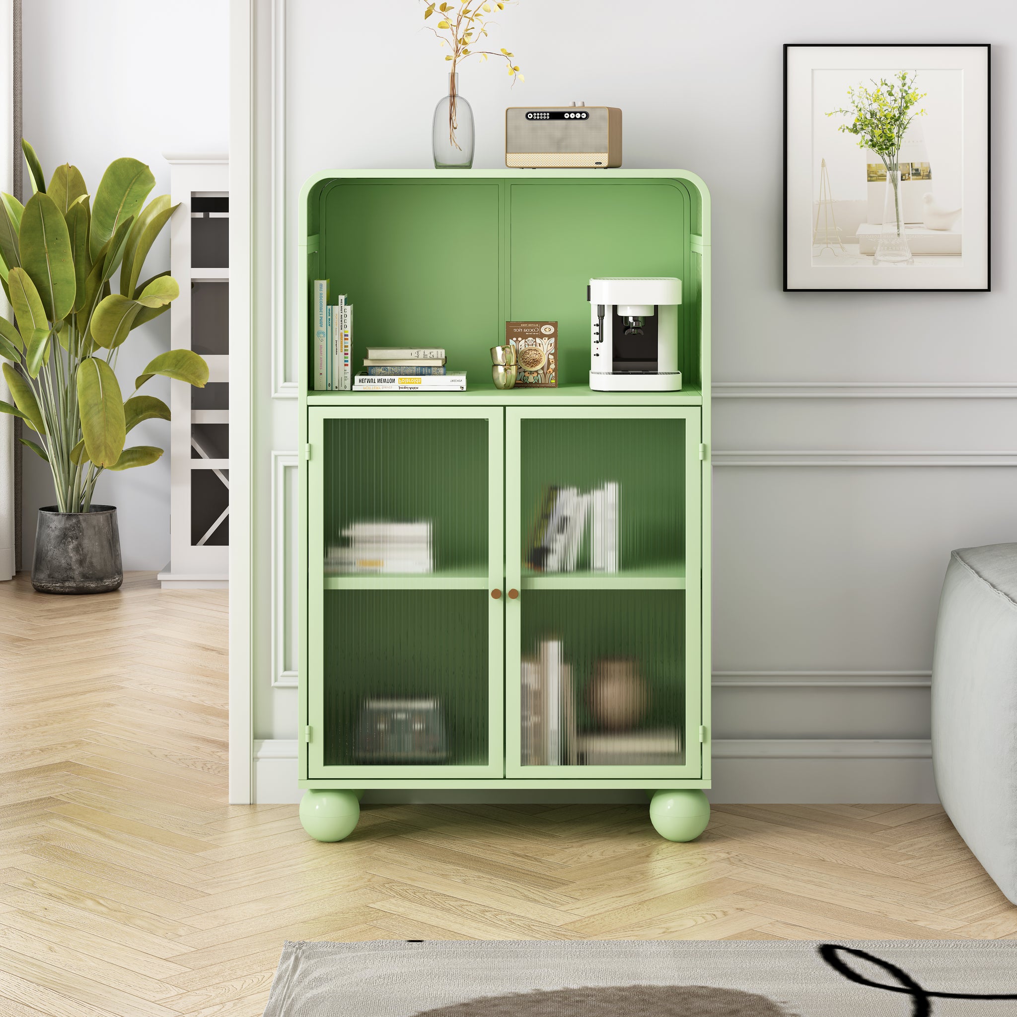 45.28" H Storage Cabinet, Bathroom Floor Cabinet With Glass Door And Shelves, Freestanding Display Storage Cabinet For Bathroom, Living Room, Kitchen, Home Office,Green Green Glass Metal