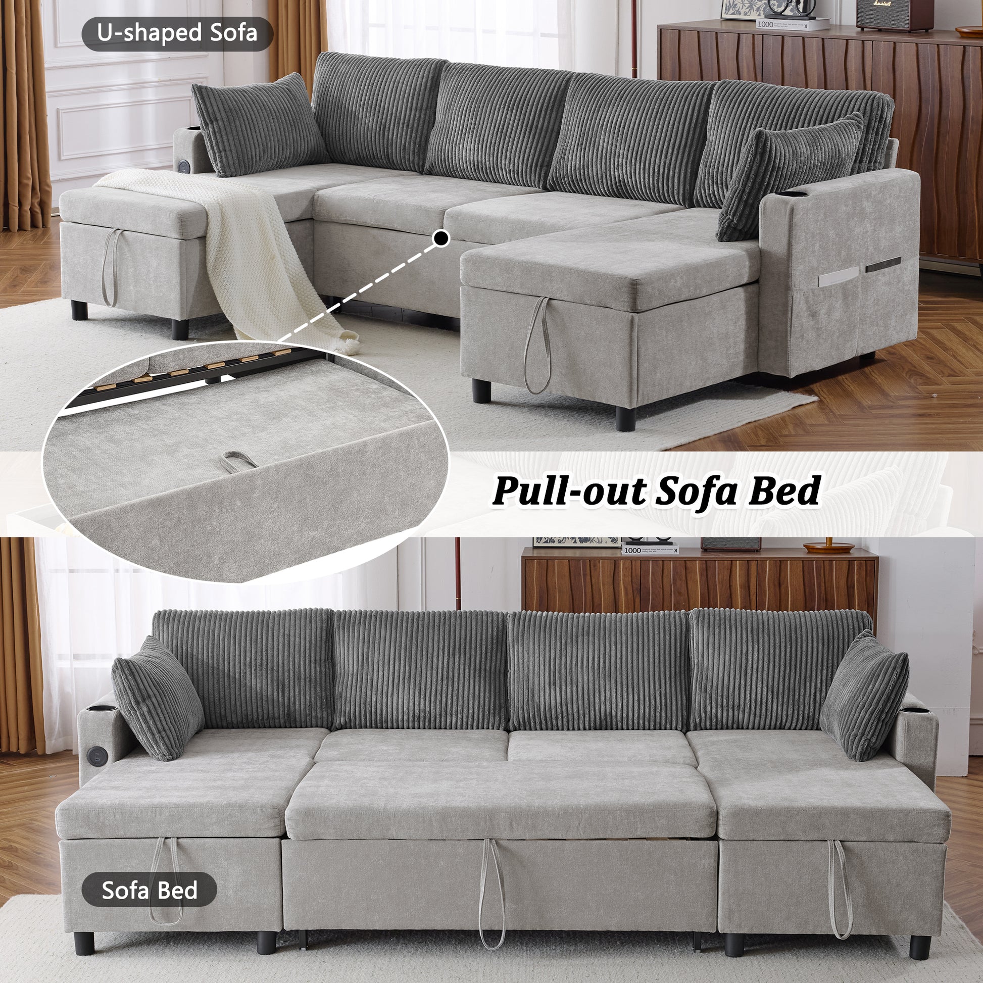 111.8" Sectional Sofa Pull Out Sofa Bed Versatile Sofa Sleeper With Large Storage Space, Two Usb Ports And Two Cup Holders For Living Room, Grey Grey Foam Chenille 4 Seat