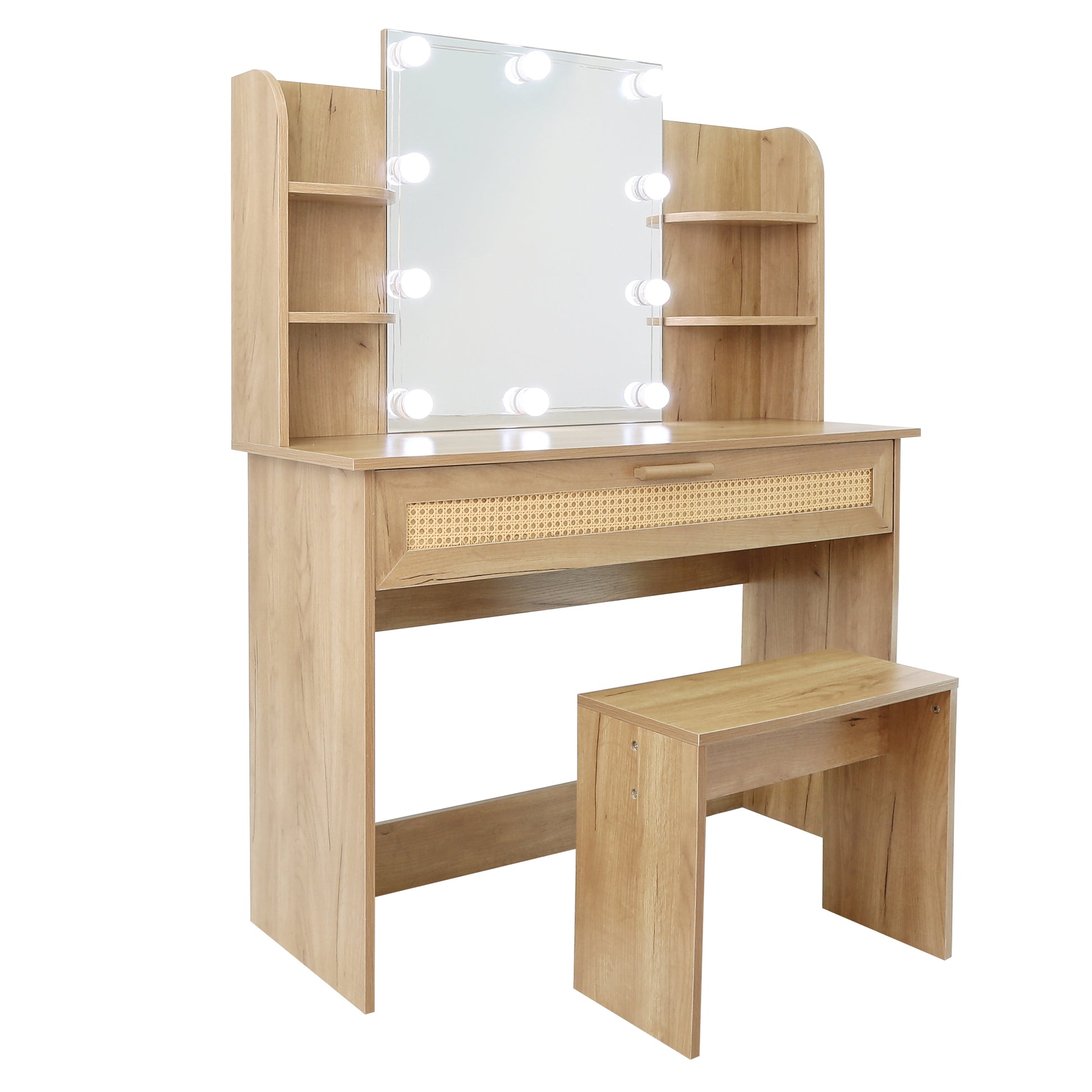 Vanity Desk Set Stool & Dressing Table With Led Lighting Mirror Drawer And Compartments Modern Wood Cosmetic Table Chest Of Drawers Nature Color Natural Wood Particle Board