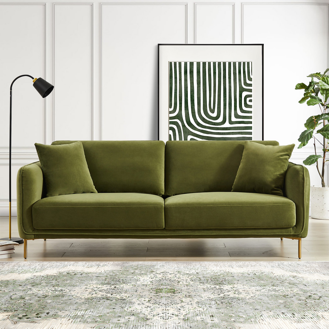 Danton Olive Green Velvet Sofa Gold,Green,Olive Green Nature Velvet Wood Primary Living Space Mid Century Modern Foam Altay Velvet,Metal 3 Seat