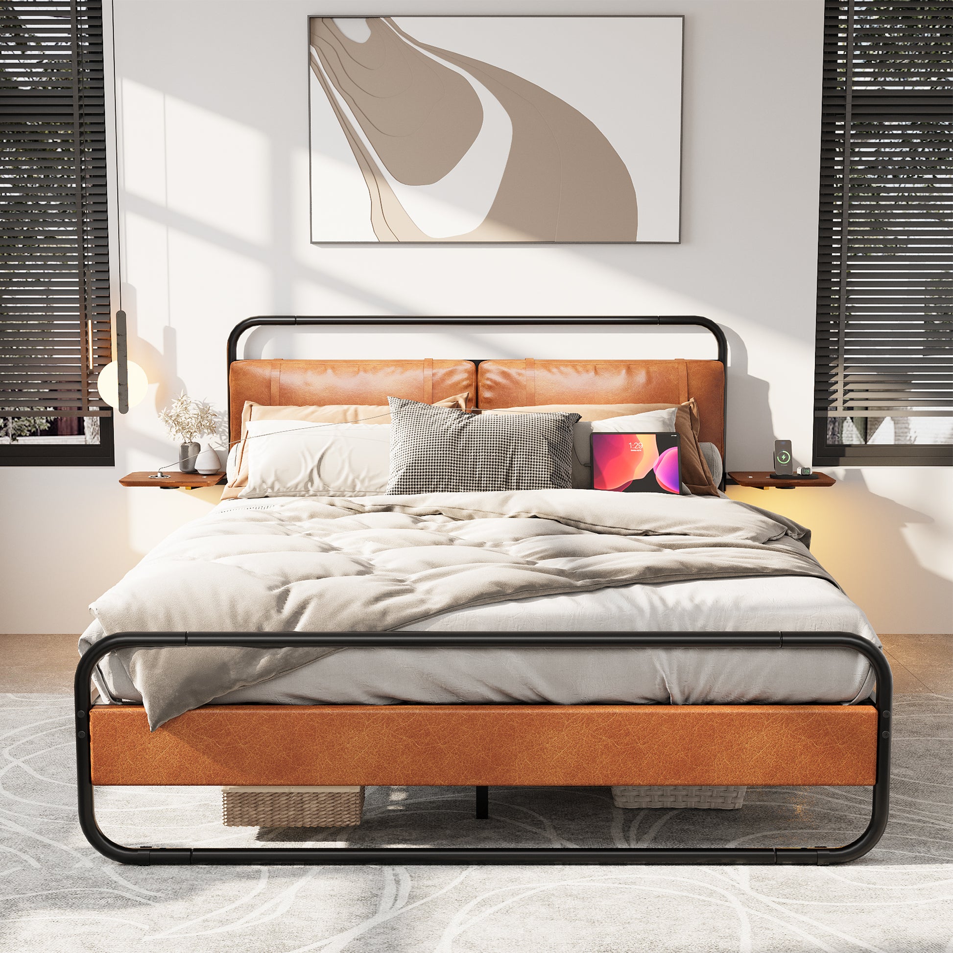King Size Metal Bed Frame With Upholstered Headboard, With Wireless Charging And Usb A & Usb C, Touch Led Light,Oval Shaped Platform Bed With Under Bed Storage, No Box Spring Needed, Vintage Brown Box Spring Not Required King Antique Brown Metal Bedroom