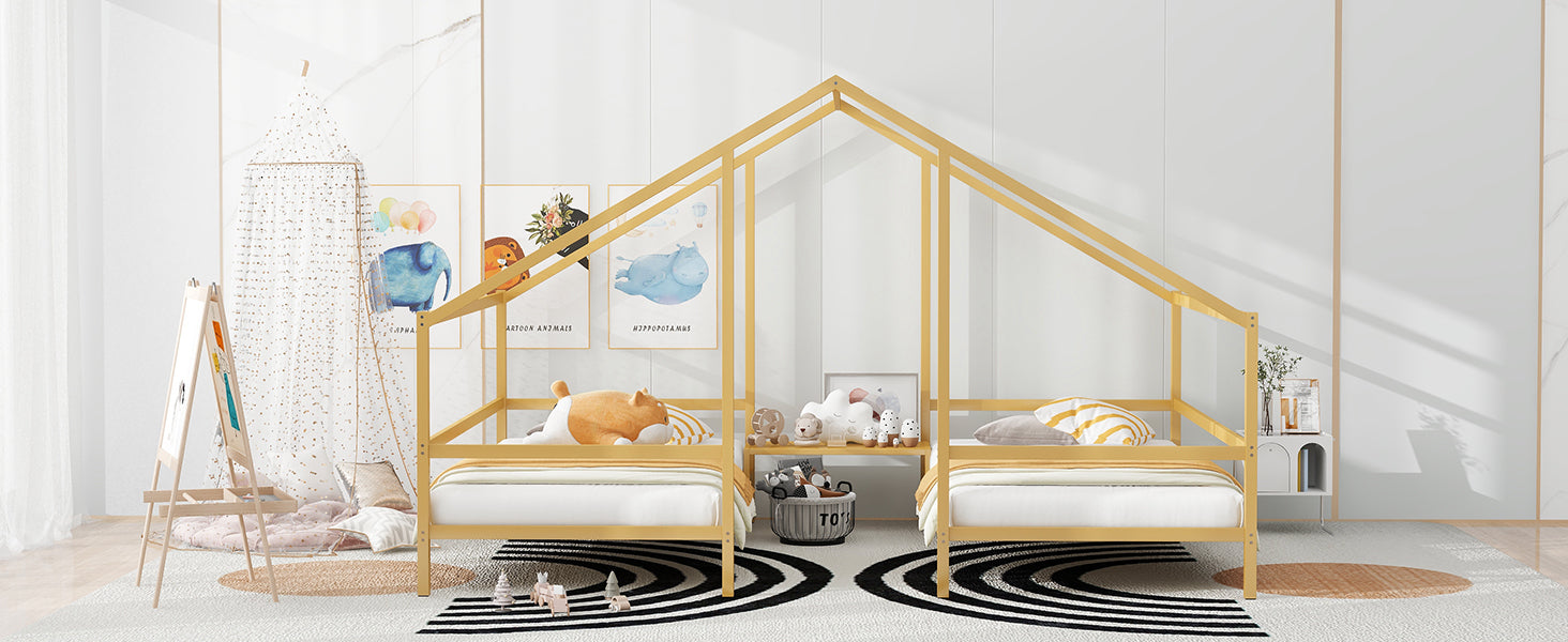 Metal Double Twin Size Triangular House Beds With Built In Table, Gold Box Spring Not Required Twin Gold Metal Metal