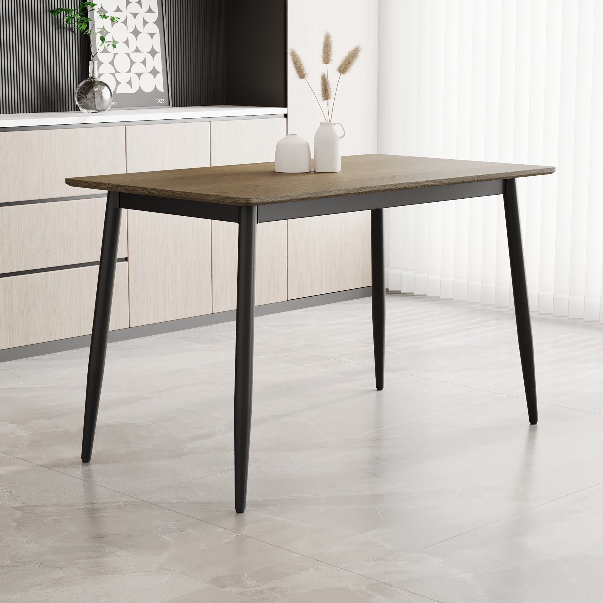 Modern Minimalist Wood Grain Tabletop Dining Table, Stylish Dining Table, Kitchen Dining Table, Sturdy And Durable, Easy To Assemble, Black Metal Leg Design, Suitable For 4 6 People, Suitable For