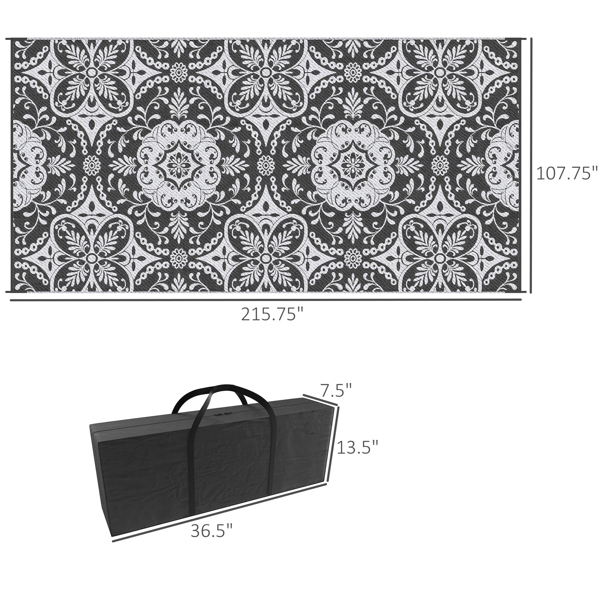 Outsunny Reversible Outdoor Rug, 9' X 18' Waterproof Plastic Straw Floor Mat, Portable Rv Camping Carpet With Carry Bag, Large Floor Mat For Backyard, Deck, Picnic, Beach, Gray & White Floral Multicolor Polypropylene