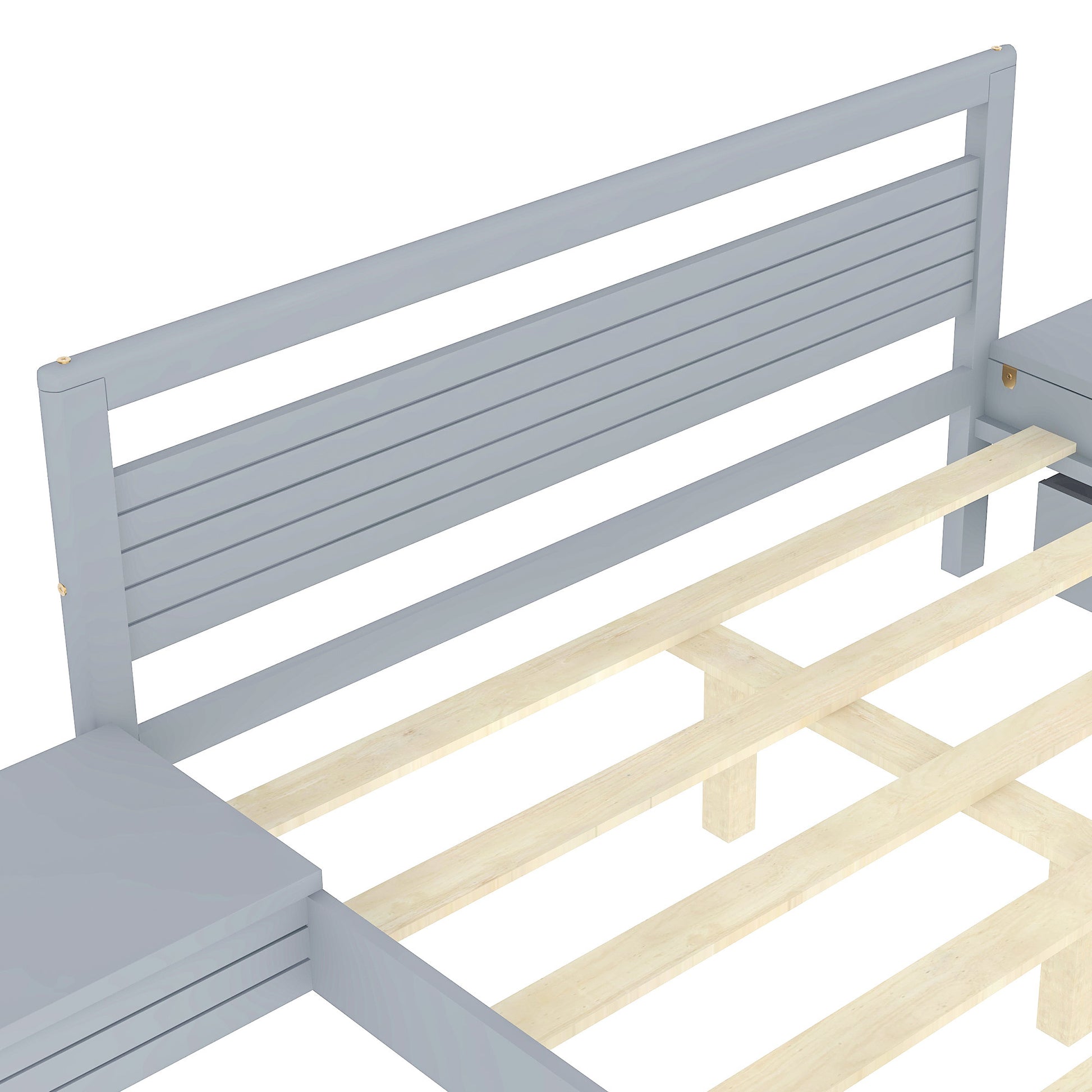 Queen Size Wooden Platform Bed With 2 Storage Drawers And 2 Bedside Tables, Gray Queen Gray Pine