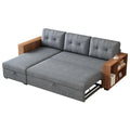 Upholstered Pull Out Sectional Sofa With Storage Chaise, Convertible Corner Couch, Light Grey Wooden Handrail Light Grey Wood Medium Soft Pillow Back Modern Square Arms Linen 3 Seat