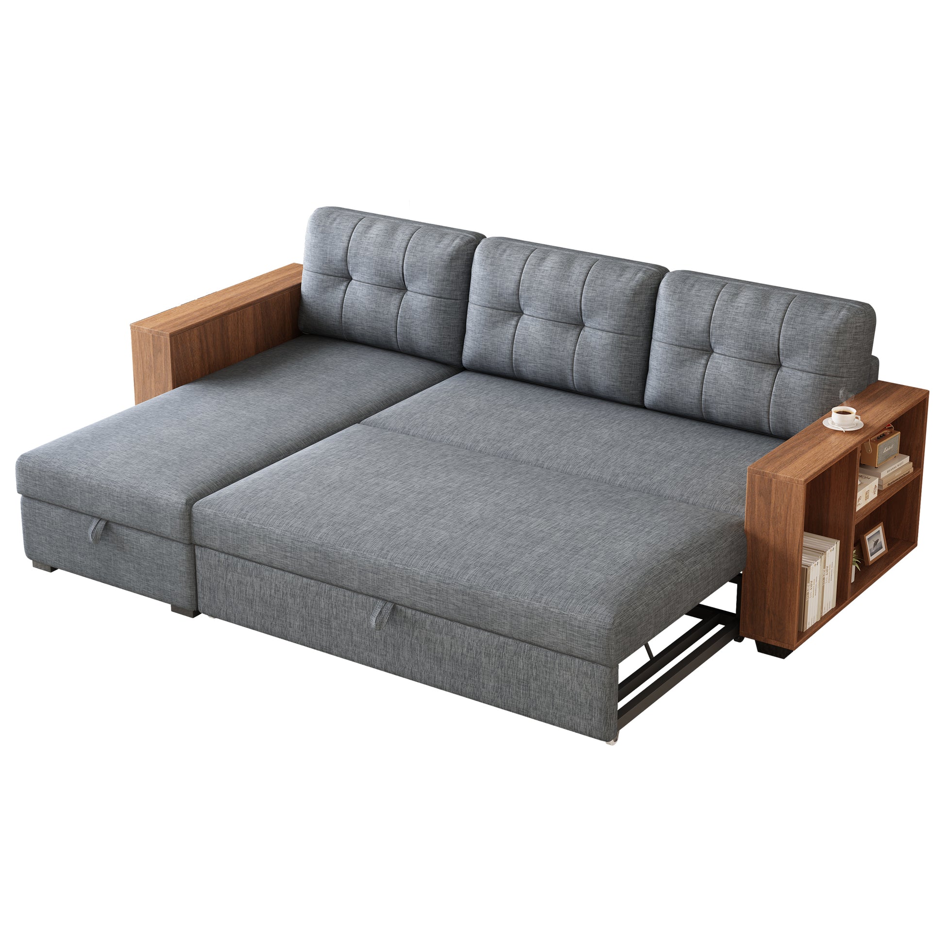 Upholstered Pull Out Sectional Sofa With Storage Chaise, Convertible Corner Couch, Light Grey Wooden Handrail Light Grey Wood Medium Soft Pillow Back Modern Square Arms Linen 3 Seat
