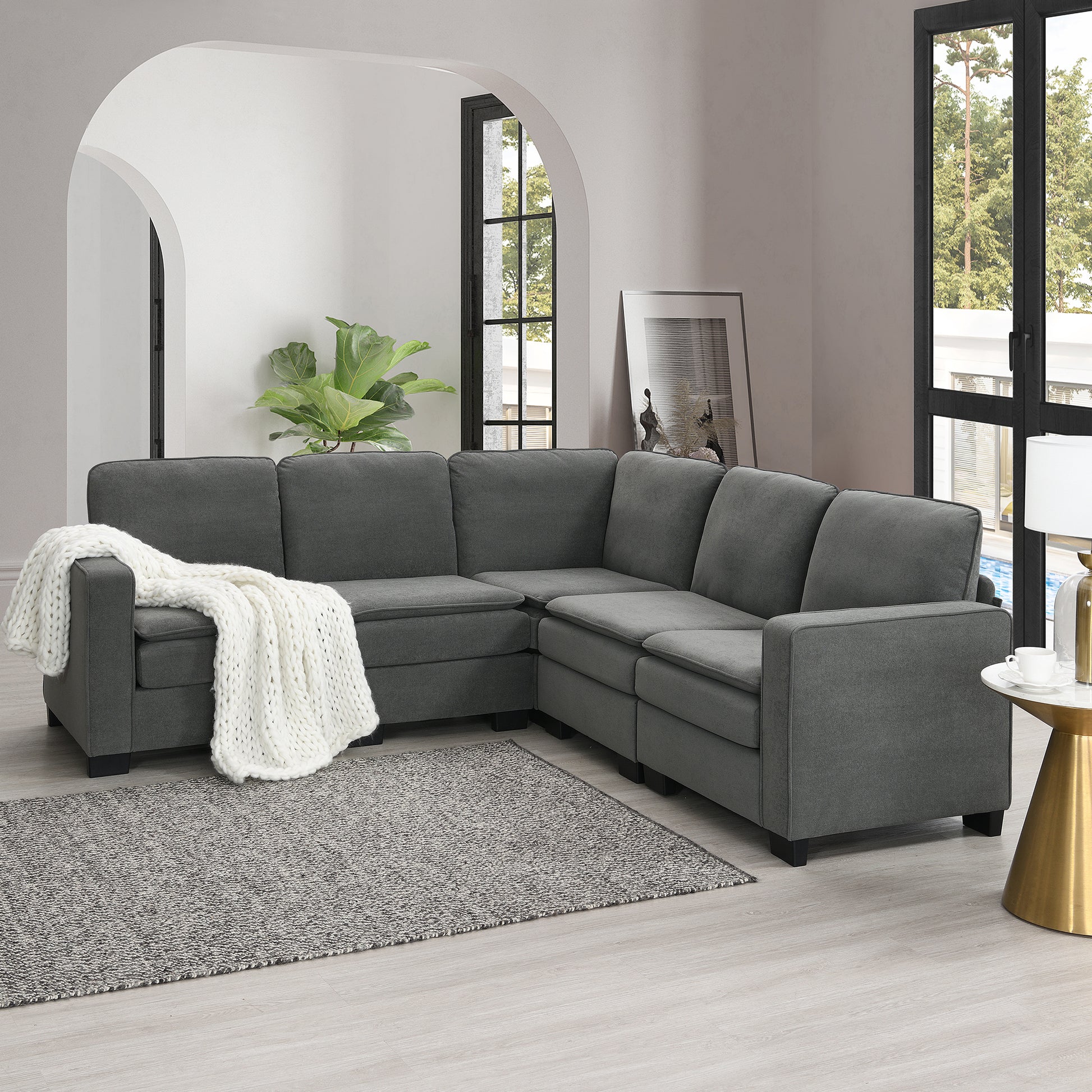 89*89" Oversized Velvet Modern Sectional Sofa,Large L Shaped Upholstered Indoor Furniture With Double Cushions,5 Seat Cloud Corner Couch For Living Room,Apartment,Office,2 Colors Gray Fabric 5 Seat