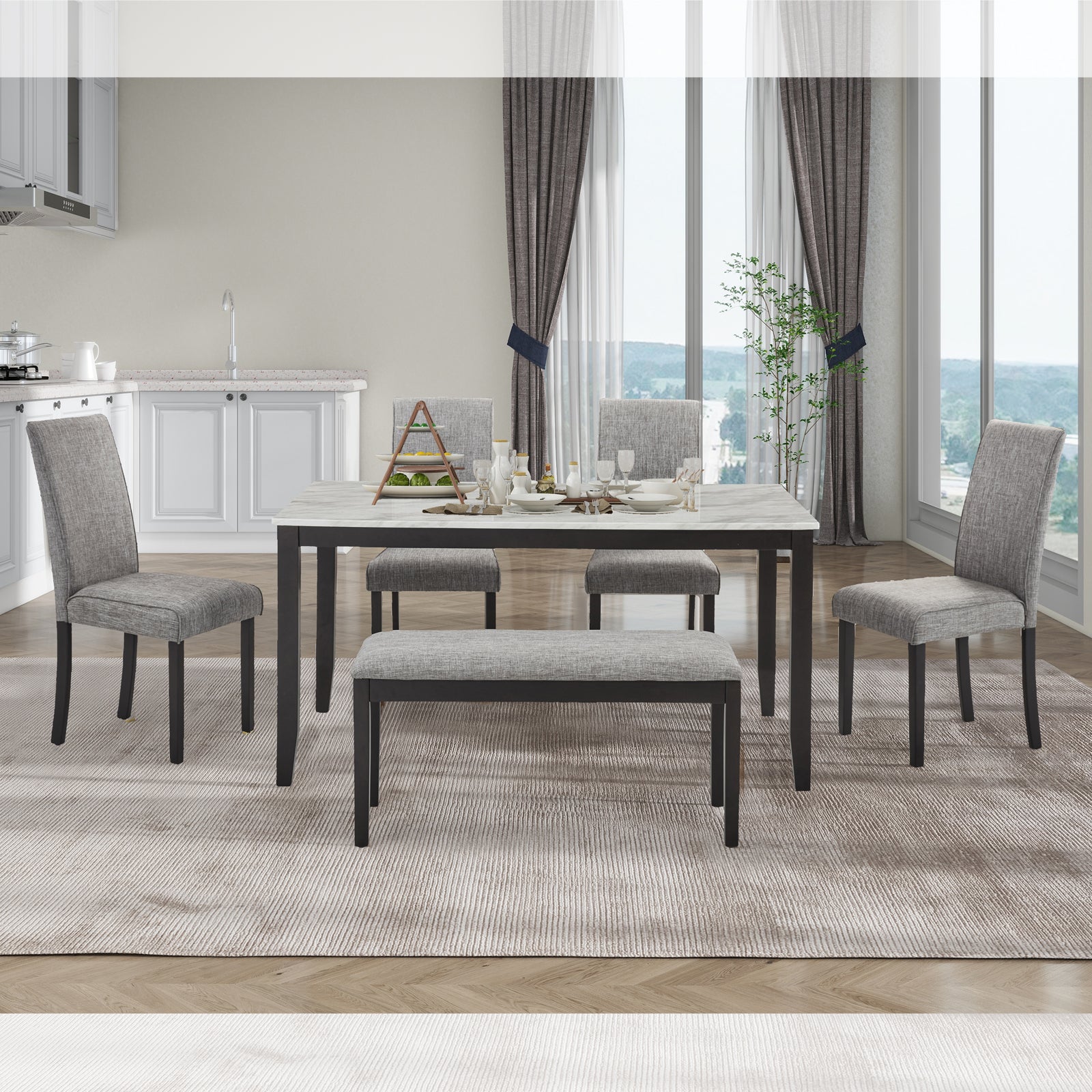 Faux Marble Dining Rectangular Table With Bench, Kitchen Table With Bench For Small Space, 6 Person Wood Dining Table, White Dark Espresso Gray Upholstered Chair Faux Marble White Dark Espresso Gray Seats 6 Wood Dining Room Rectangular 4 Leg Rectangular