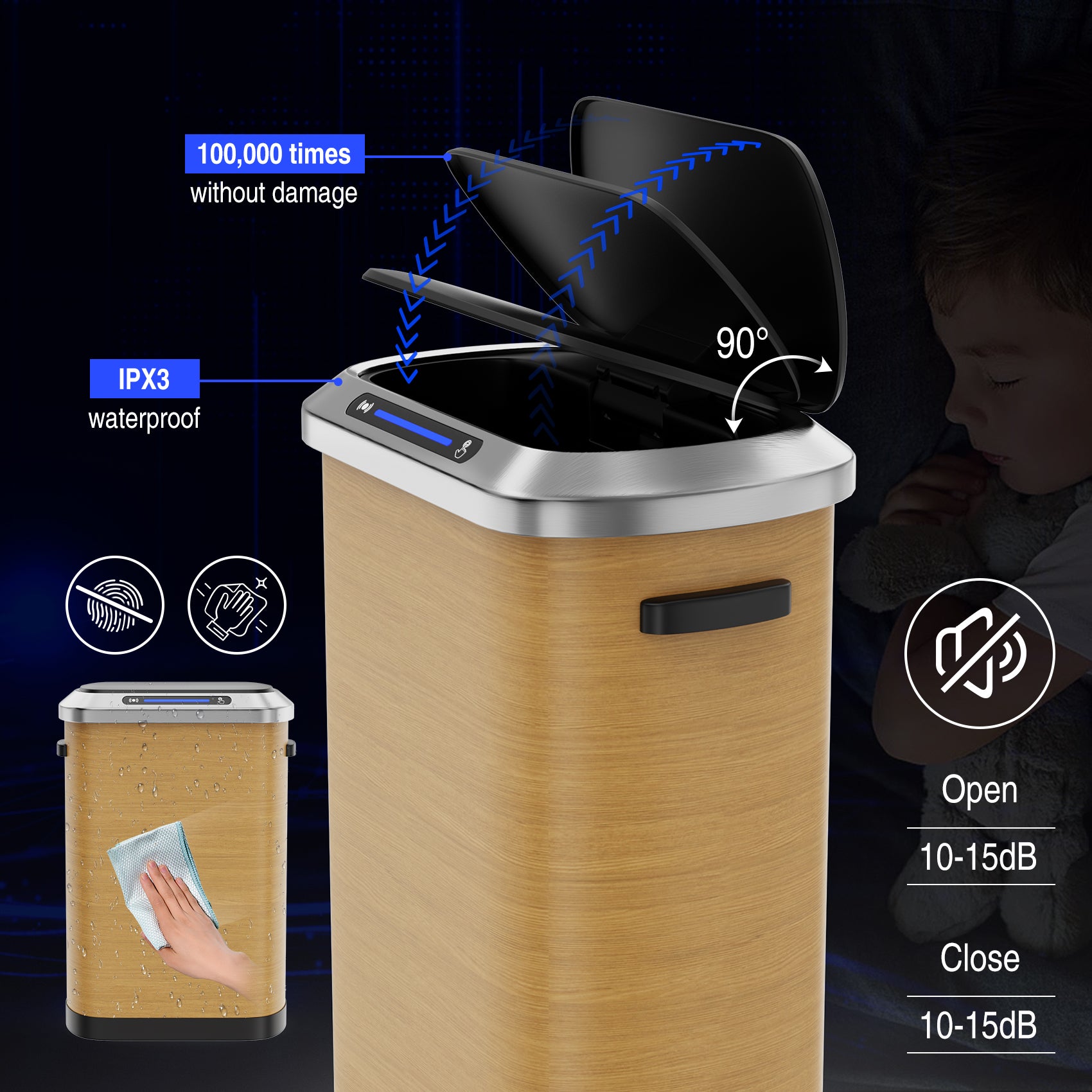 50L Smart Automatic Trash Cans Full Intelligent Sensor Wood Wood Steel