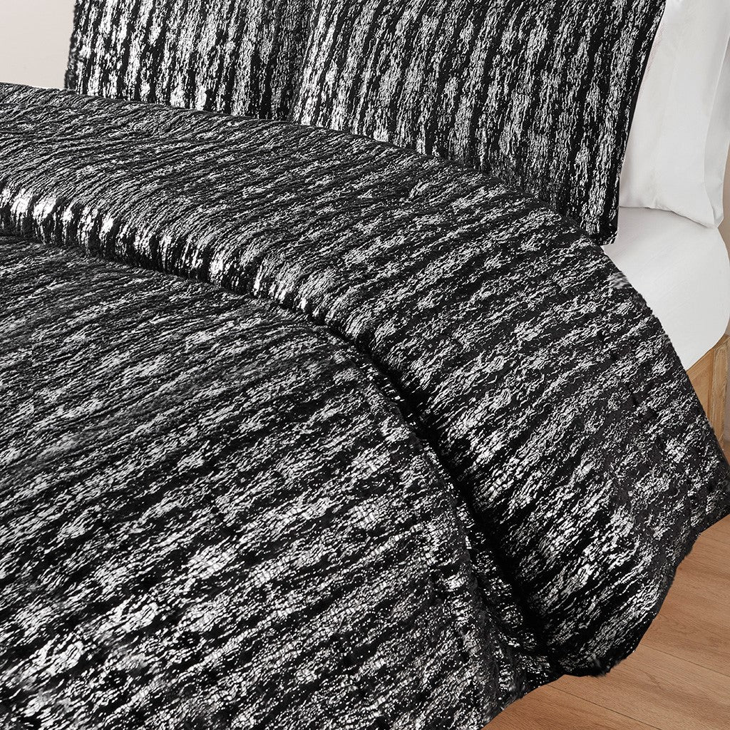 Metallic Print Faux Fur Comforter Set Twin Black Silver Polyester