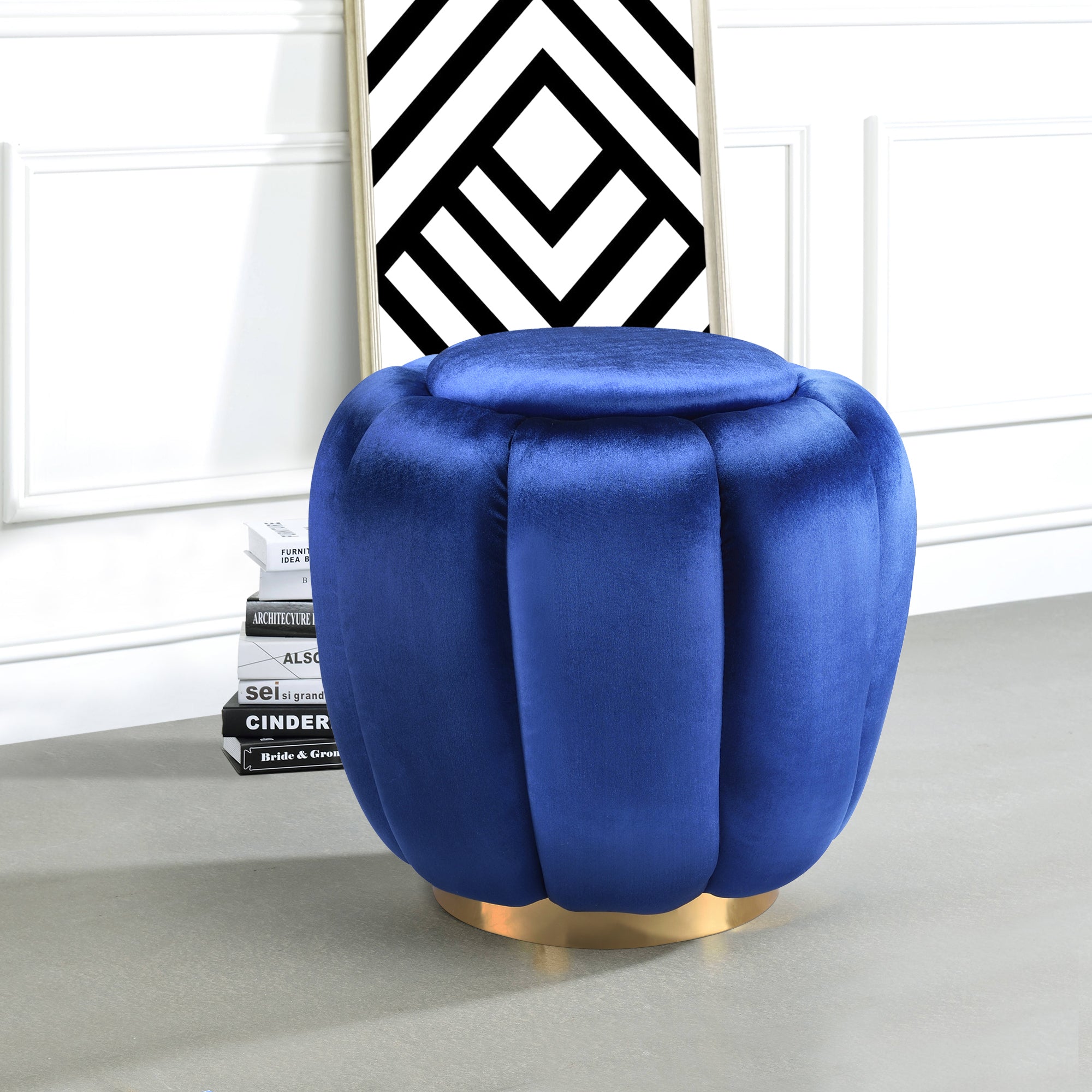 Blue Round Ottoman Blue Velvet Wood Primary Living Space Solid Blue Luxury Round Armless Velvet