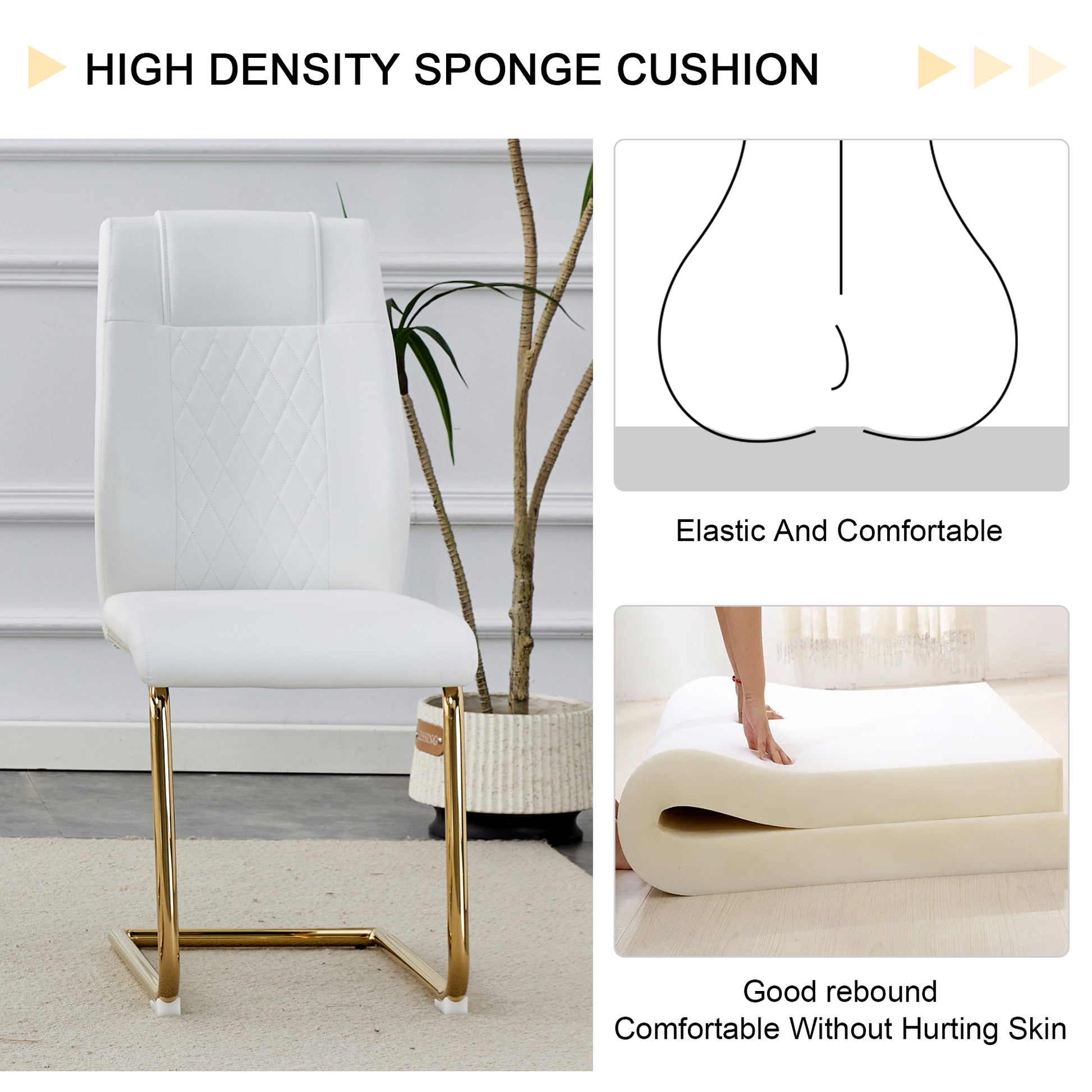 Table And Chair Set.Large Modern Rectangular Table With 0.4 Inch Patterned Glass Tabletop And Large Mdf Table Legs.Comes With 8 Chairs With Faux Leather Cushioned Seats And Golden Metal Legs. Gold White Seats 8 Mdf Glass