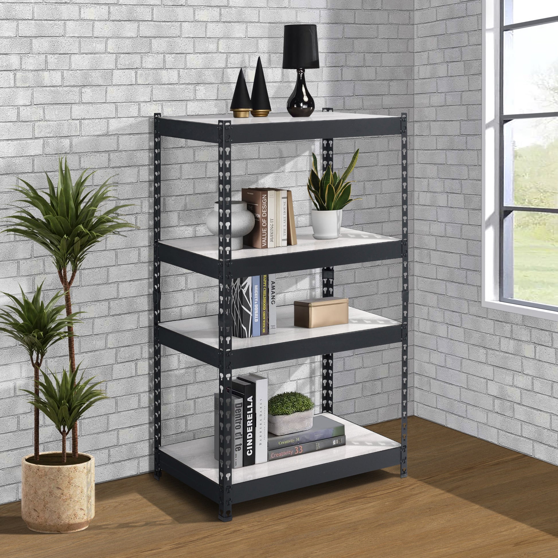 Natural And Black 4 Tier Bookcase 4 Natural Black Open Back Wood Metal