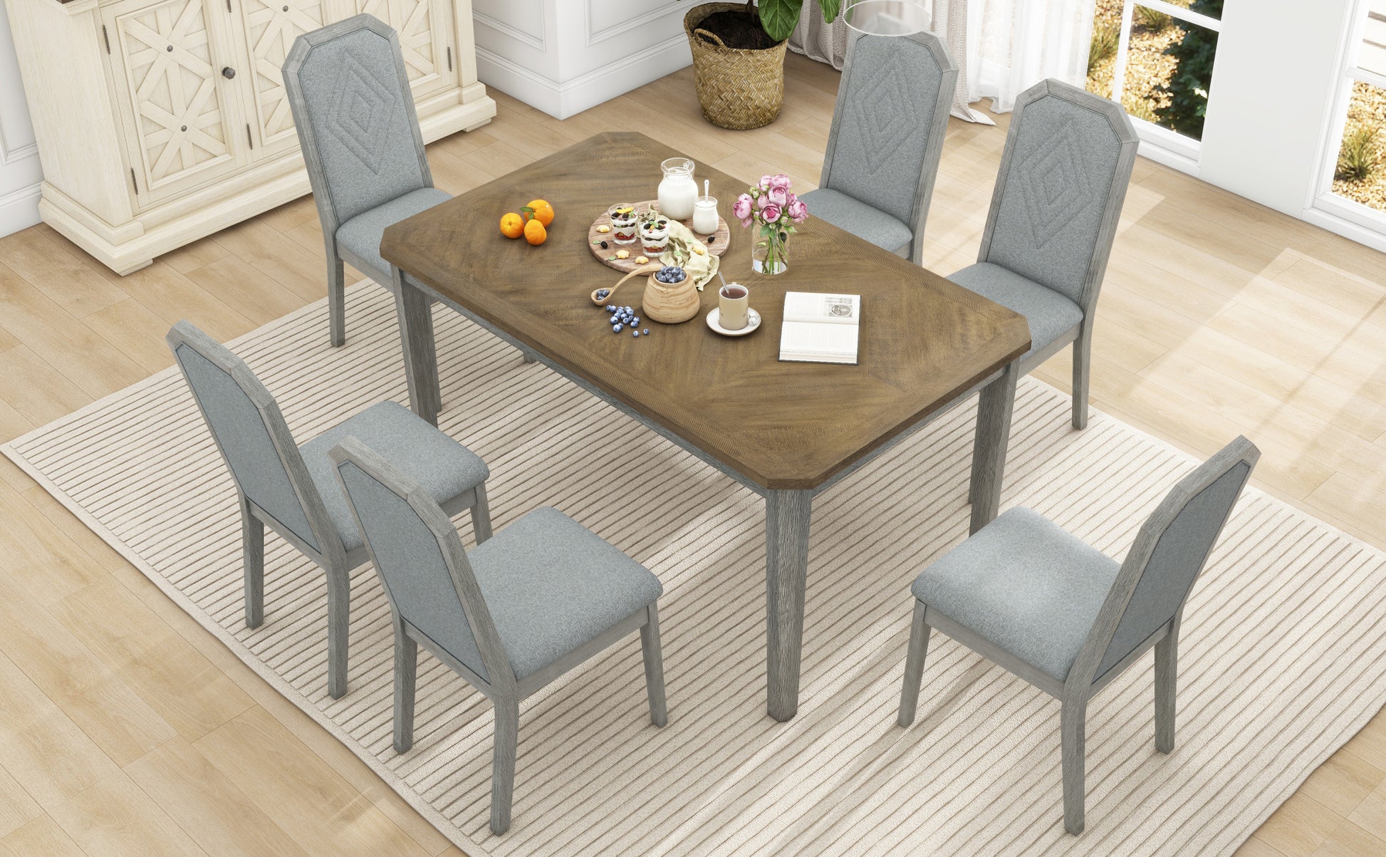 7 Piece Farmhouse Dining Set Classic Rustic Table And 6 High Back Design Chairs For Dining Room, Kitchen Brown Gray Brown Gray Solid Wood Mdf