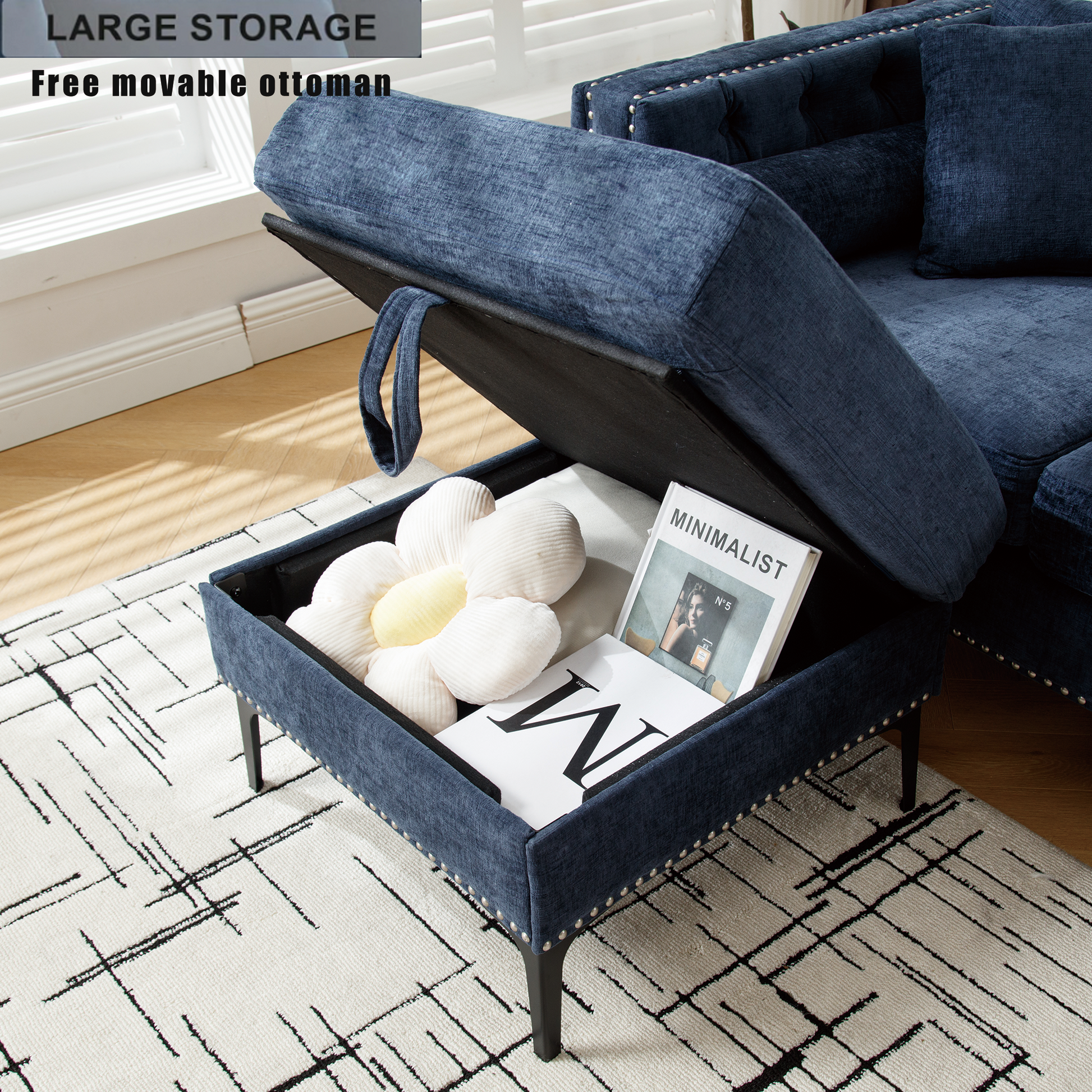 Arrived L Shaped Sectional Sofaconvertible Storage Ottoman,Chenille ,Square Arm, Modern Tufted Couch ,3 Seater, And Nailhead,Blue Blue Polyester Wood Primary Living Space Medium Soft Tufted Back Modern Square Arms Metal & Wood 4 Seat