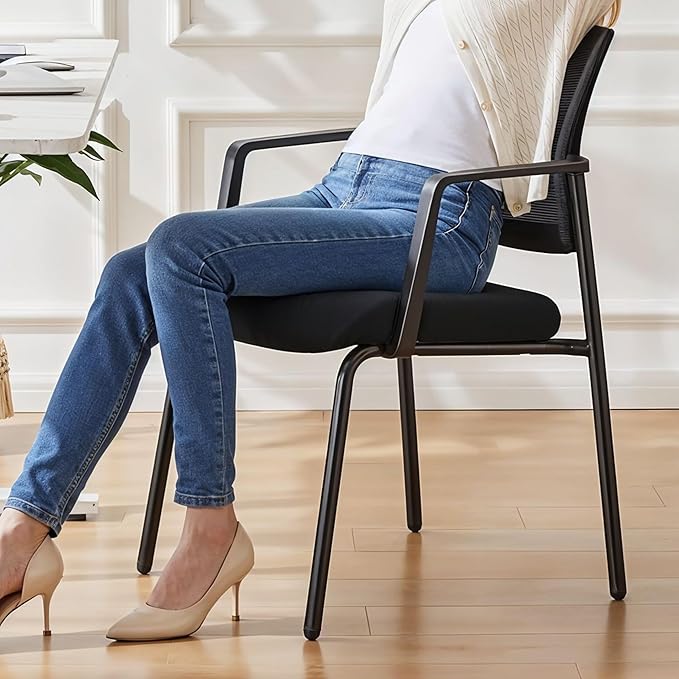 Guest Waiting Room Office Arm Chairs 2 Pack No Wheel For Reception Meeting Conference, Stacking Padded Fabric Seat, Mesh Back & Ergonomic Support Rest For Home Lobby Computer Desk Black Metal