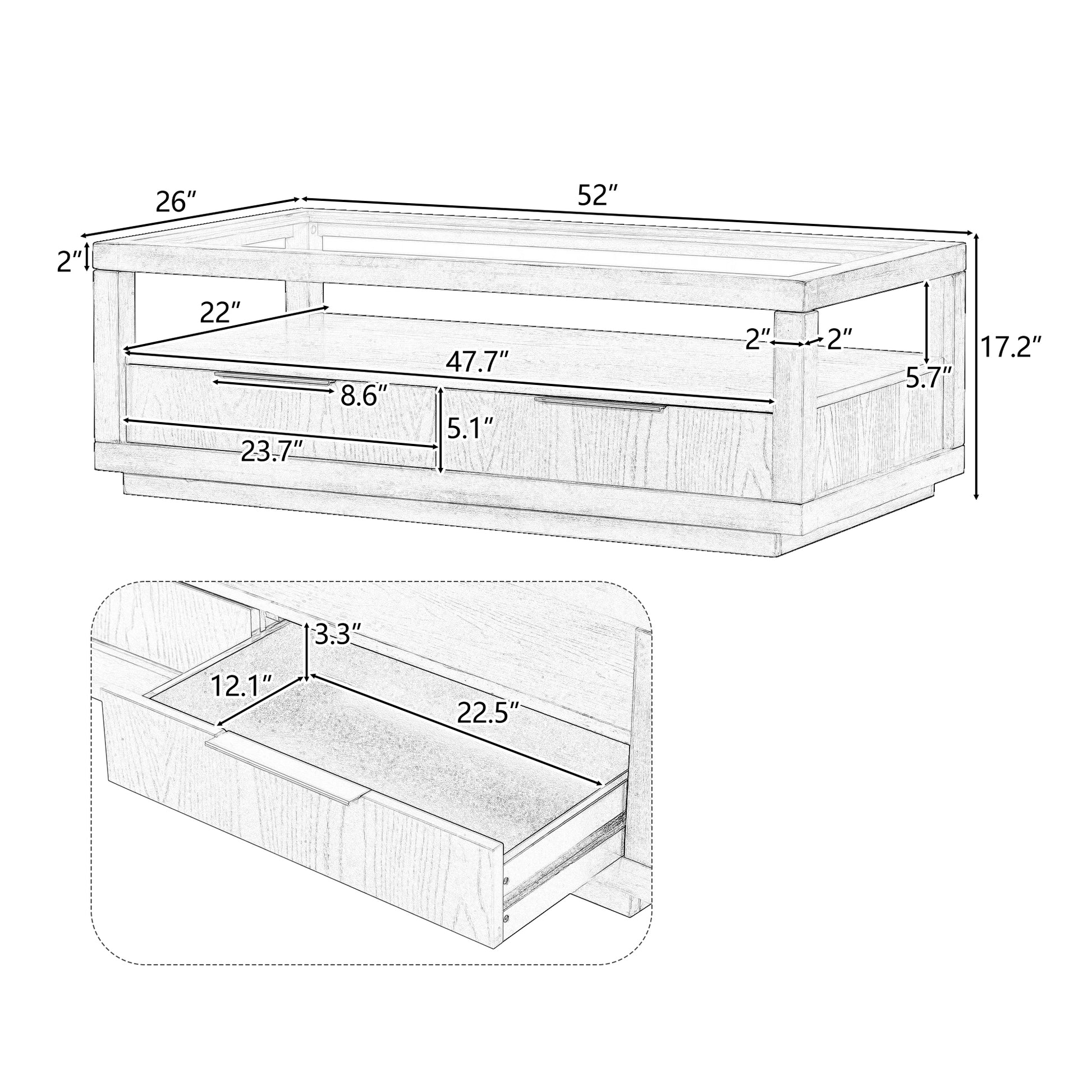Modern Wood Coffee Table With 2 Drawers ,Minimalist Display Coffee Table With Transparent Tempered Glass, Open Storage Shelf For Living Room Brown Solid Wood Mdf