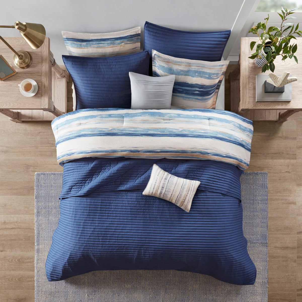 8 Piece Printed Seersucker Comforter And Quilt Set Collection Blue Full Queen Full Blue Polyester